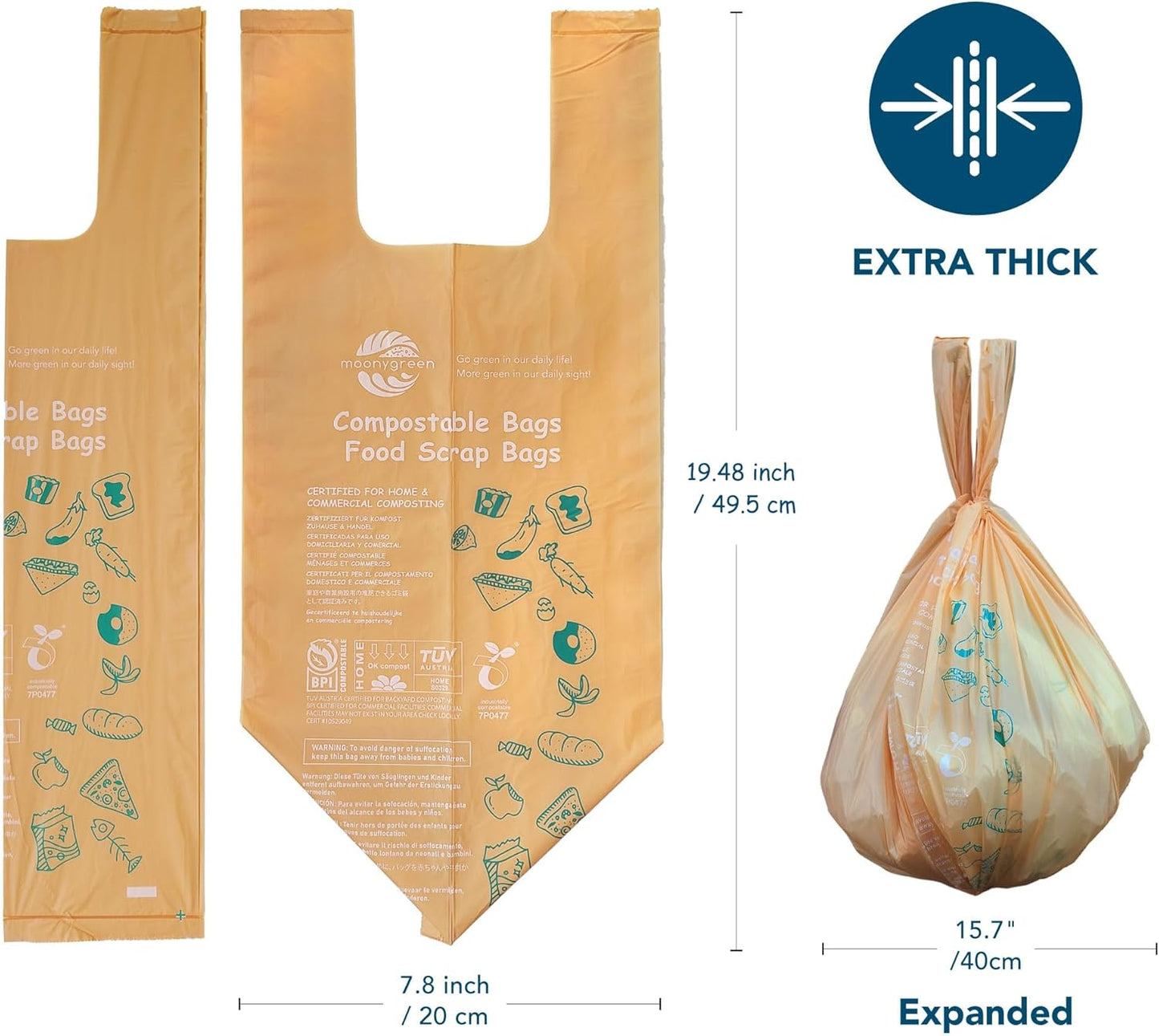 1.6 Gallon Compostable Handle Tie Garbage Bags, Small Trash Bags for Countertop Bin, Extra Thick 0.63 Mils, Certified US BPI ASTM D6400, 6 Liter, 100 Count