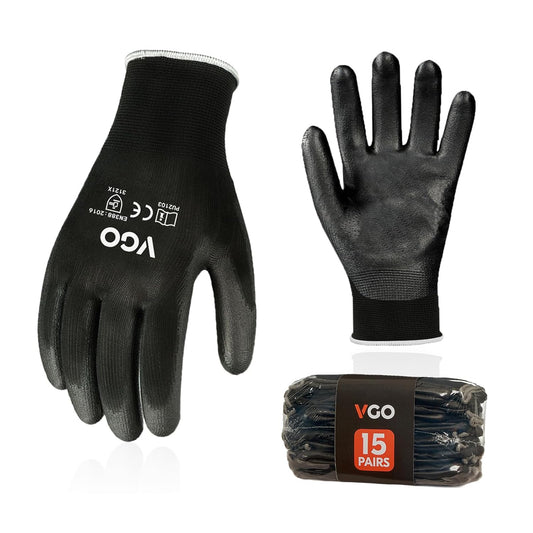 Vgo... 15-Pairs Safety Work Gloves, Gardening Gloves, Polyurethane Coated, Dipping Gloves, Latex Free (Size L, Black, PU2103)