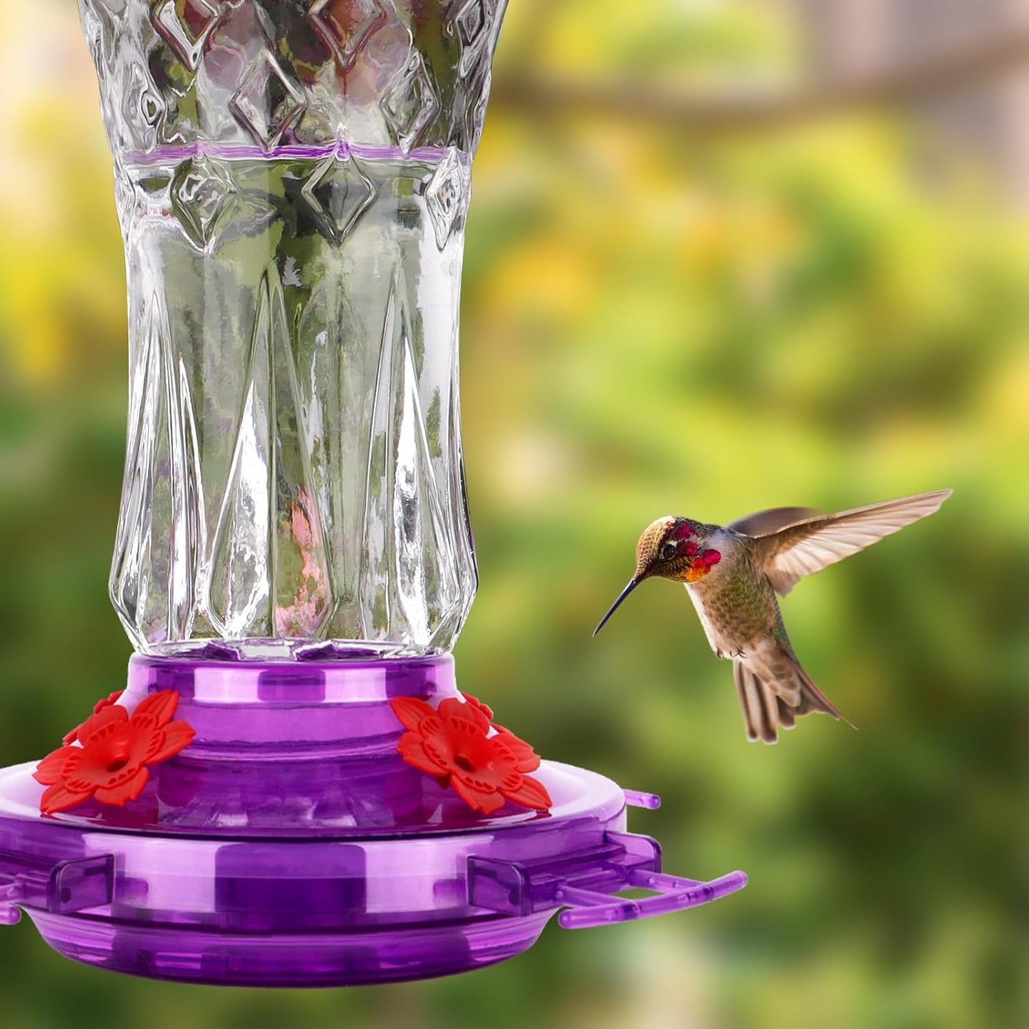 BOLITE Glass Hummingbird Feeders for Outdoors Hanging, Built-in Ant Moat, 4 Bee Guard Feeding Ports with Perches, Leak Proof, 15 Ounces, Stars Decor, Purple, Gifts for Women Men, Gifts for Mom Dad