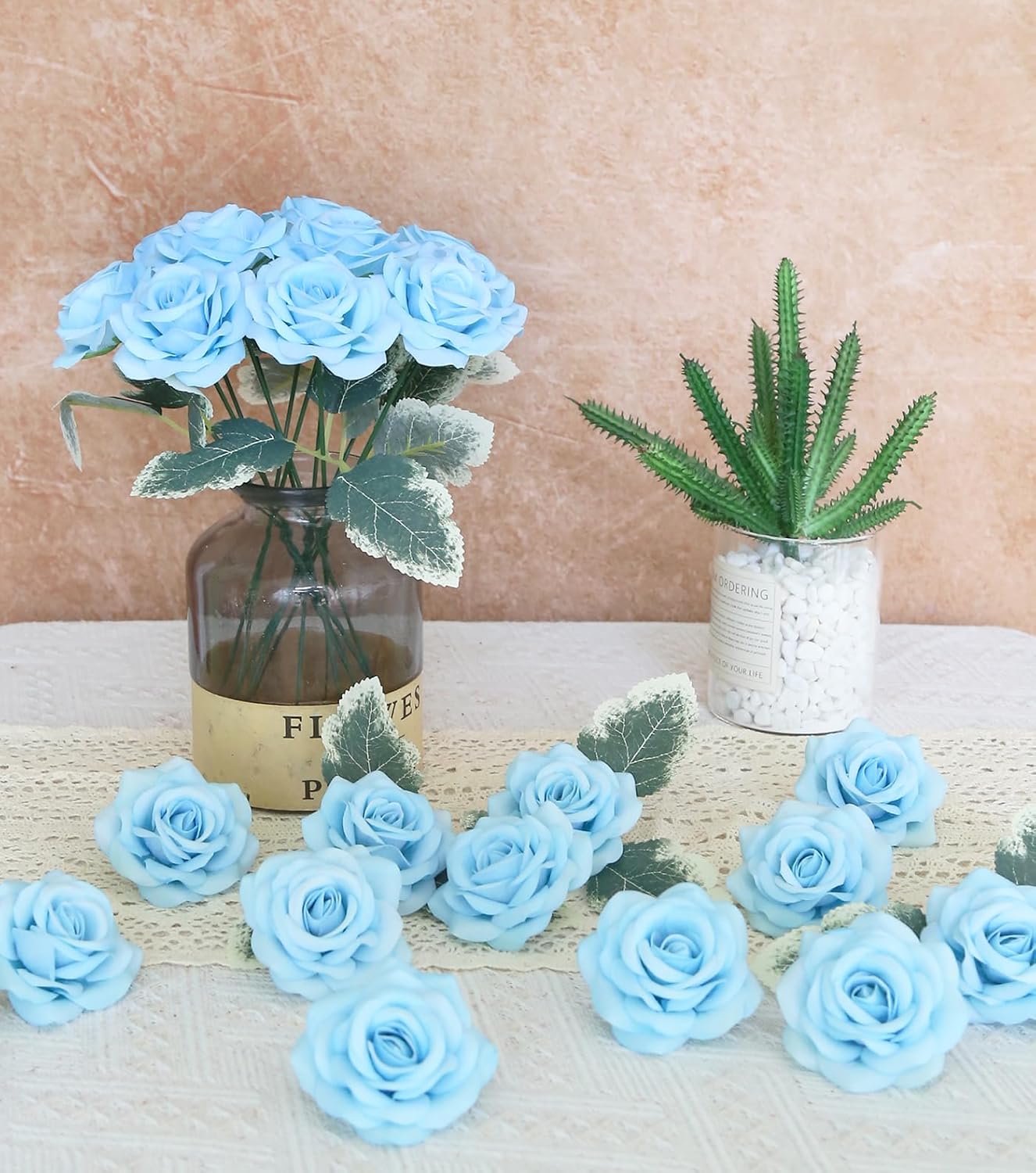 25PCS Artificial Rose Flower Heads Light Blue Rose Flower with Stem Velvet Rose Flowers Heads Bulk for DIY Wedding Home Party Baby Shower Decor(Light Blue)