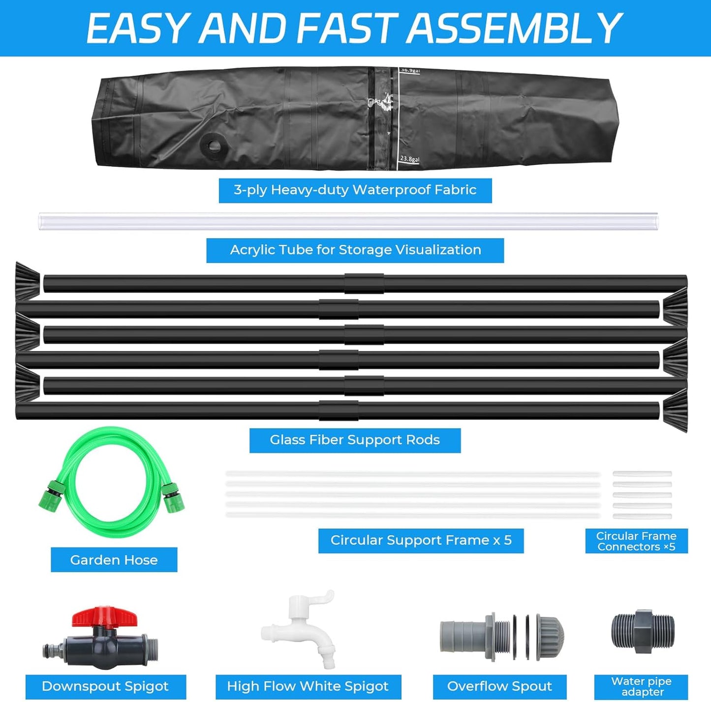 Rain Barrels to Collect Rainwater from Gutter - Portable Water Storage Tank Water Barrel Rainwater Collection System Rain Catcher Include Filter Two Spigots and Overflow Kit (53 Gallon, Black)
