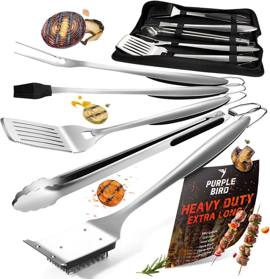 PURPLEBIRD Grill Set for Outdoor Grill 6 pcs - Heavy Duty Grilling Tools Set with Extra Long Handle, Stainless Grilling Accessories for Dad Gifts with Travel Bag, BBQ Utensils Kit for Outdoor Camping