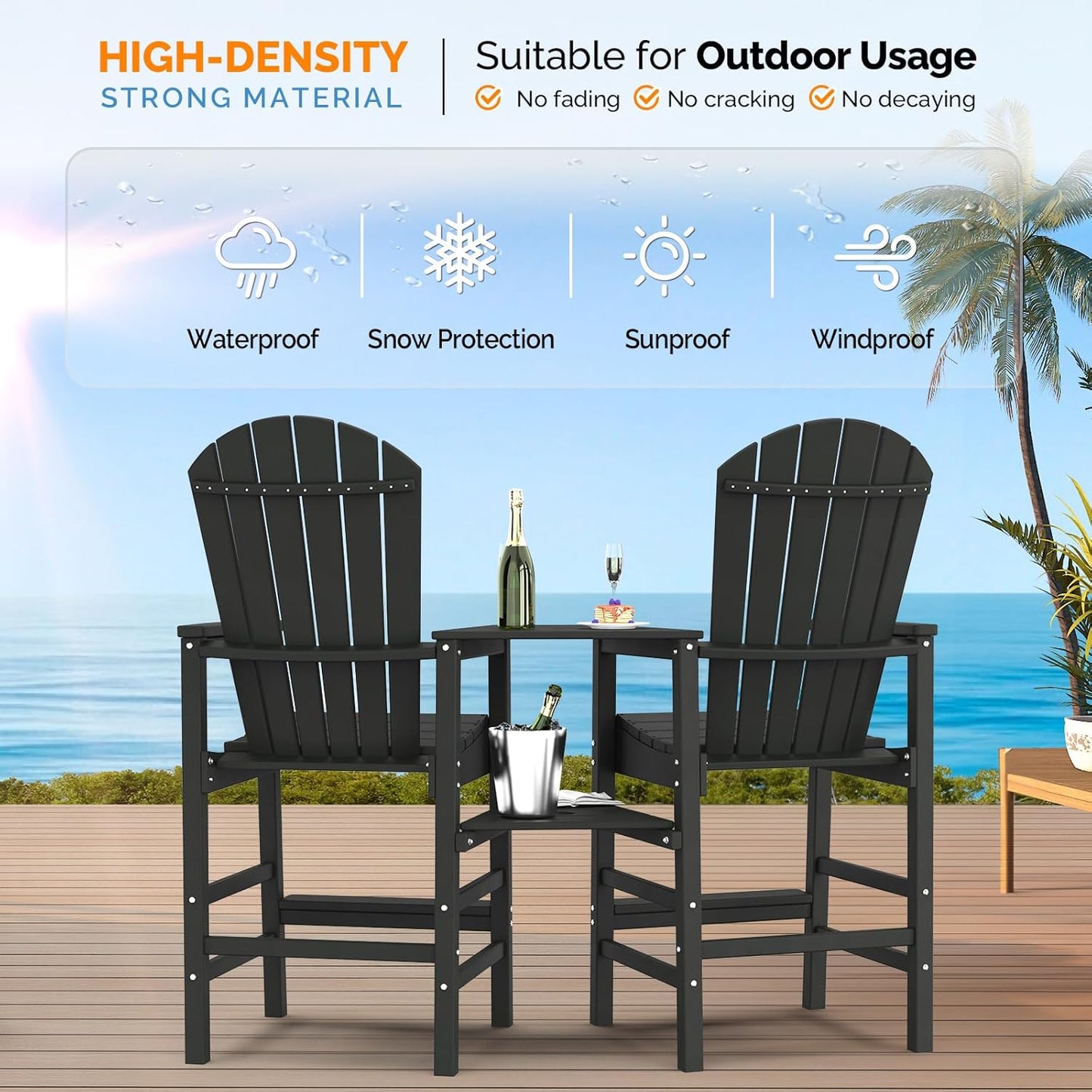 VINGLI Tall Adirondack Chairs Set of 2, HDPE Balcony Chair with Double Connecting Tray Weather Resistant Outdoor Bar Stools for Patio Deck Lawn Pool Backyard (Black)
