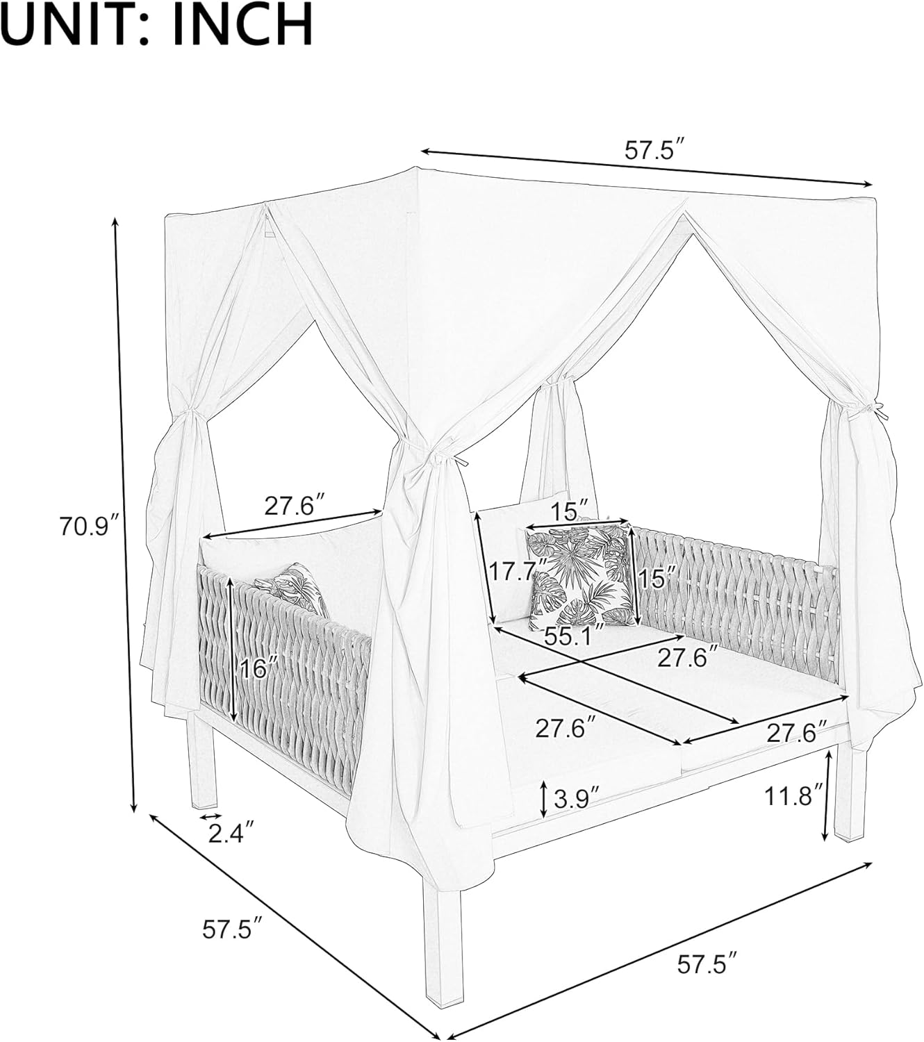 Polibi Outdoor Patio Sunbed with Blue Curtains,Outdoor Sun Lounger Bed with Pillows,Rubber Core Rope Weaving Outdoor Double Chaise Lounge Suitable for Pool,Garden,Blue