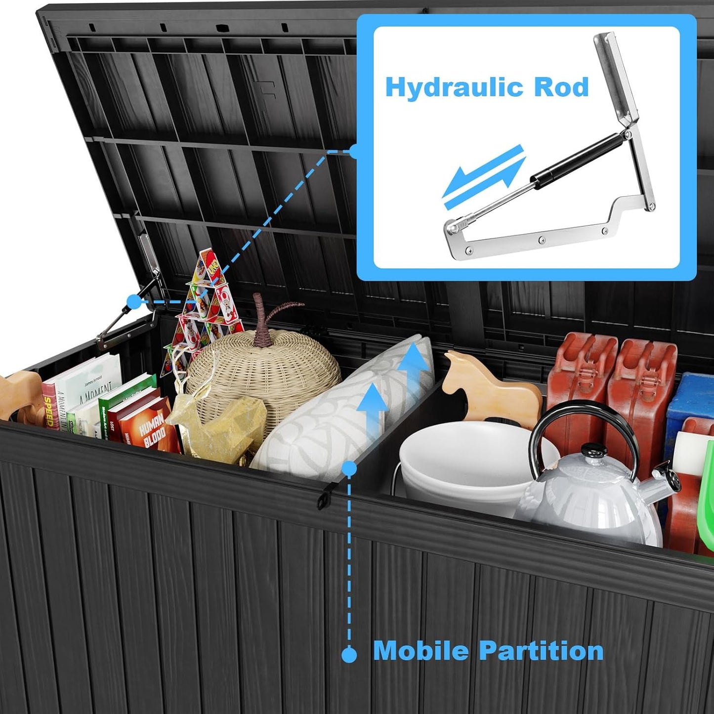 180 Gallon Deck Box,Resin Outdoor Storage Box with Lockable for Patio Furniture, Pool Accessories, Garden Tools Waterproof Outside Storage Box, Black