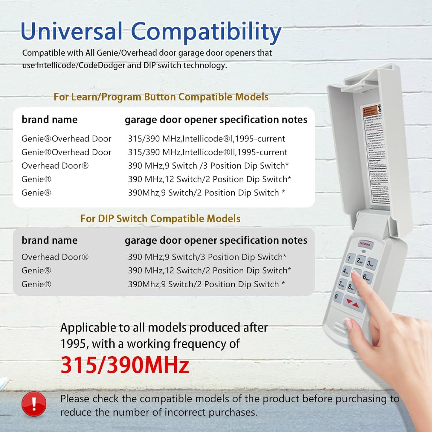 for Genie Garage Door Opener Keypad Compatible with All Genie Intellicode Overhead Door Codedodger and Dip Switch Opener for 1995-Current Models 315/390MHZ Wireless Keyless Keypad Replacement