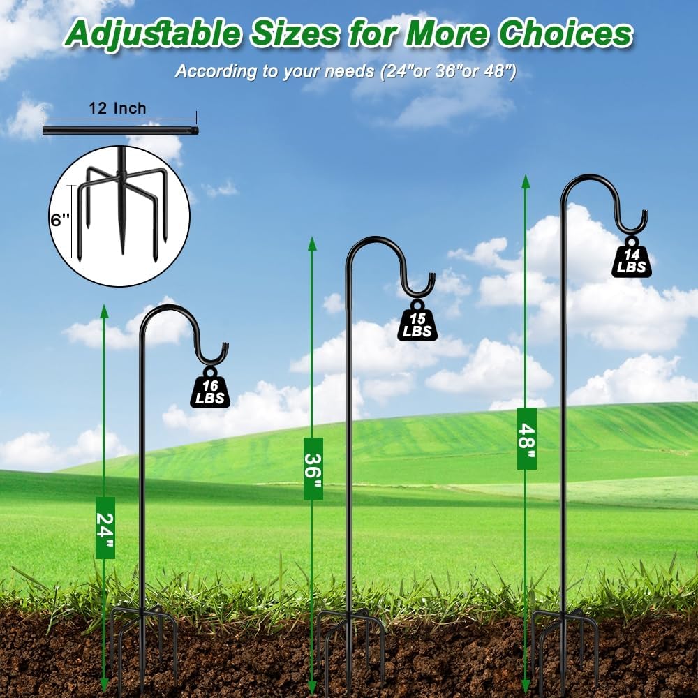 48" Shepherds Hooks for Outdoor, Heavy Duty Garden Bird Feeder Pole for Hanging Bird Feeder, Plant Baskets, Solar Light Lanterns, Outdoor Plant Hanger Hook with 5 Base Prongs,1 Packs