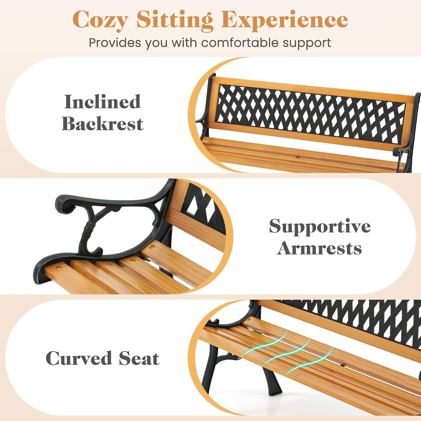 Giantex 49.5" 3-Person Outdoor Bench with Lattice Pattern Backrest, 470 Lbs Capacity, Slatted Seat, Curved Armrests, Cast Iron Metal Bench for Garden, Outside, Patio, Porch, Yard, Park