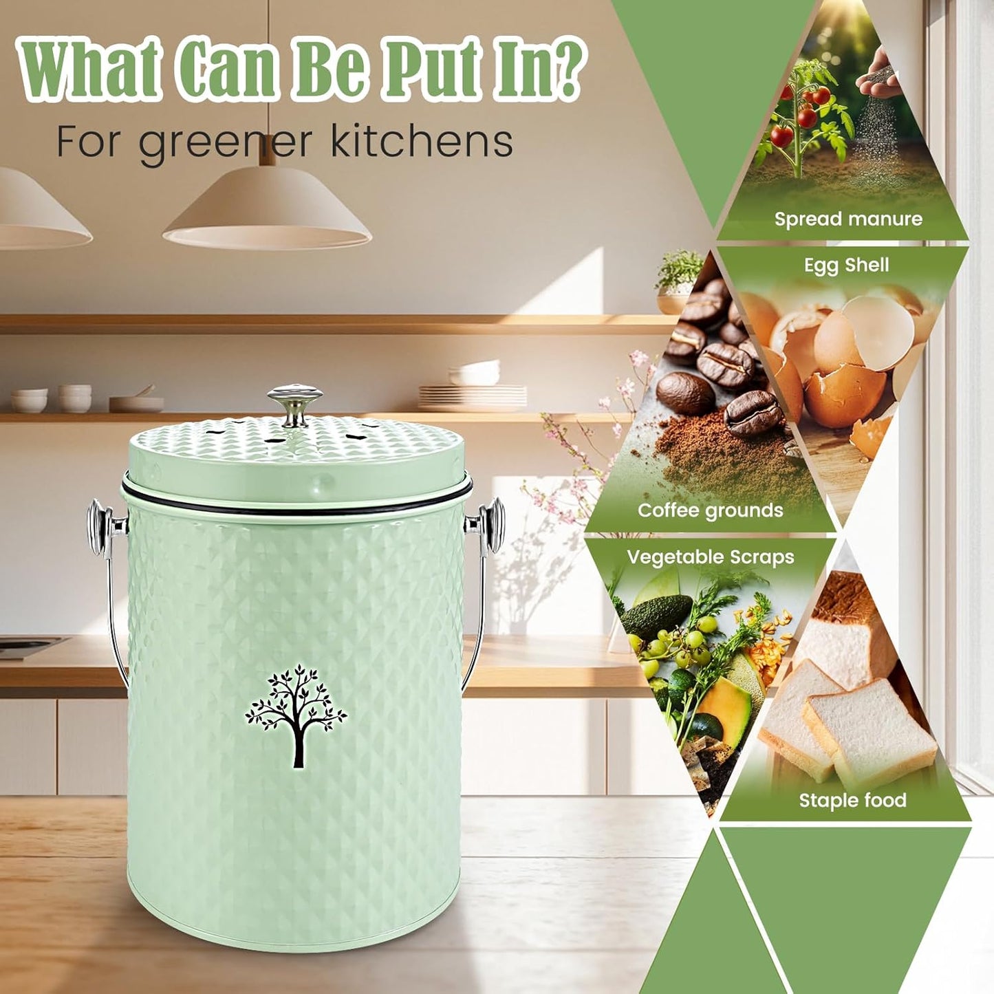AOSION Countertop Compost Bin Kitchen，Odorless Indoor Compost Bin with Lid and Compost Bags,Compost Bucket Composter Container for Food Waste,Green