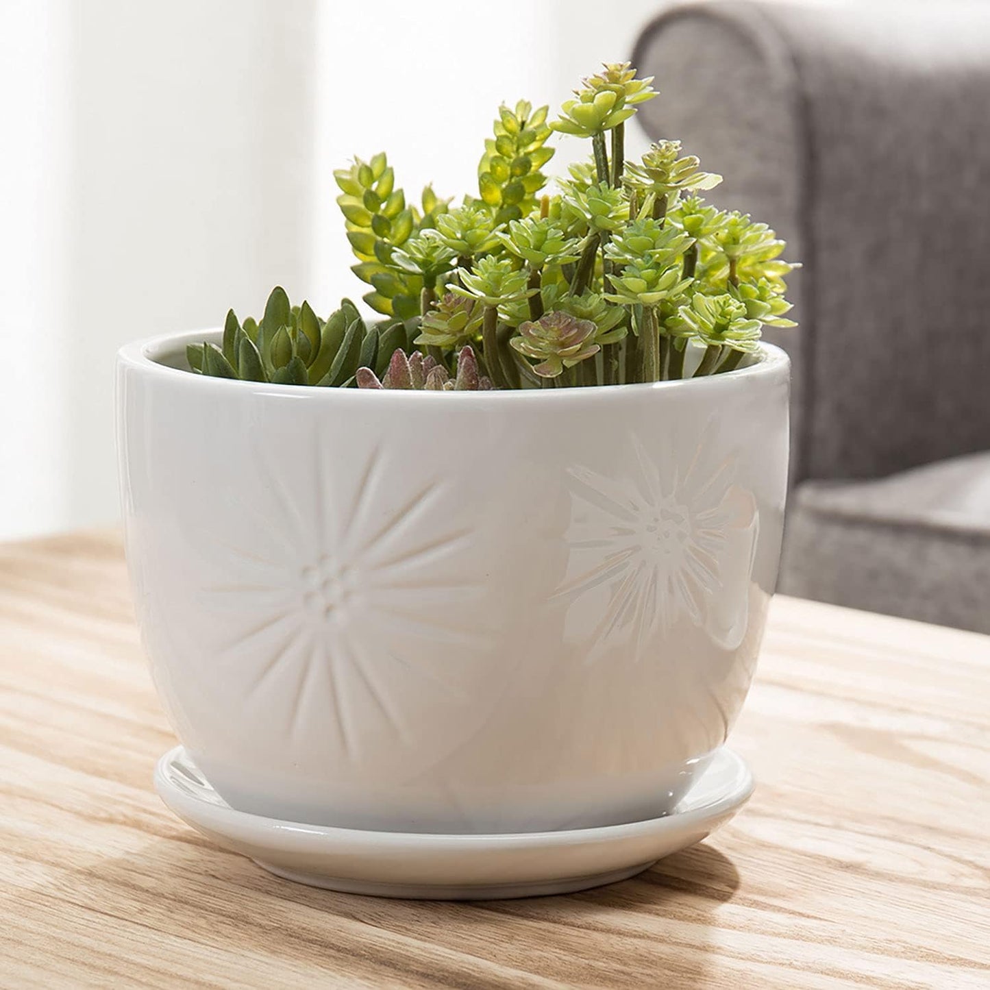 MyGift 7 Inch Round White Ceramic Plant Pot with Drainage Hole and Attached Saucer, Modern Decorative Embossed Sunburst Planter Container for Indoor Home Garden