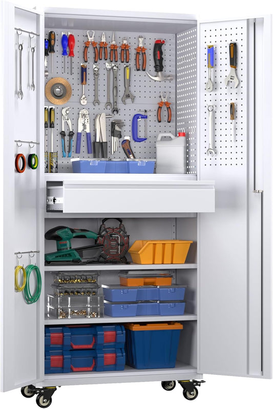 Metal Garage Cabinet with Wheels,71''H Rolling Lockable Steel Tool Cabinet with Pegboard & Drawer for Garage,Home,Office Assembly Required,White