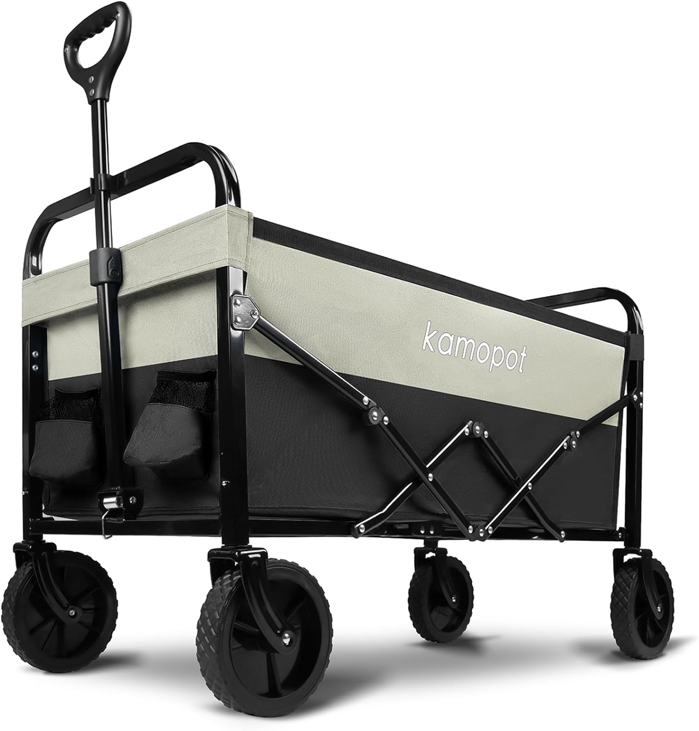 Large Collapsible Wagon Foldable for Grocery, Beach, Park, Yard, 34 x 18 Inch Inner Storage. Folding Utility Shopping Cart on Wheels. Heavy Duty, Durable w/Cupholders (Black-Gray)