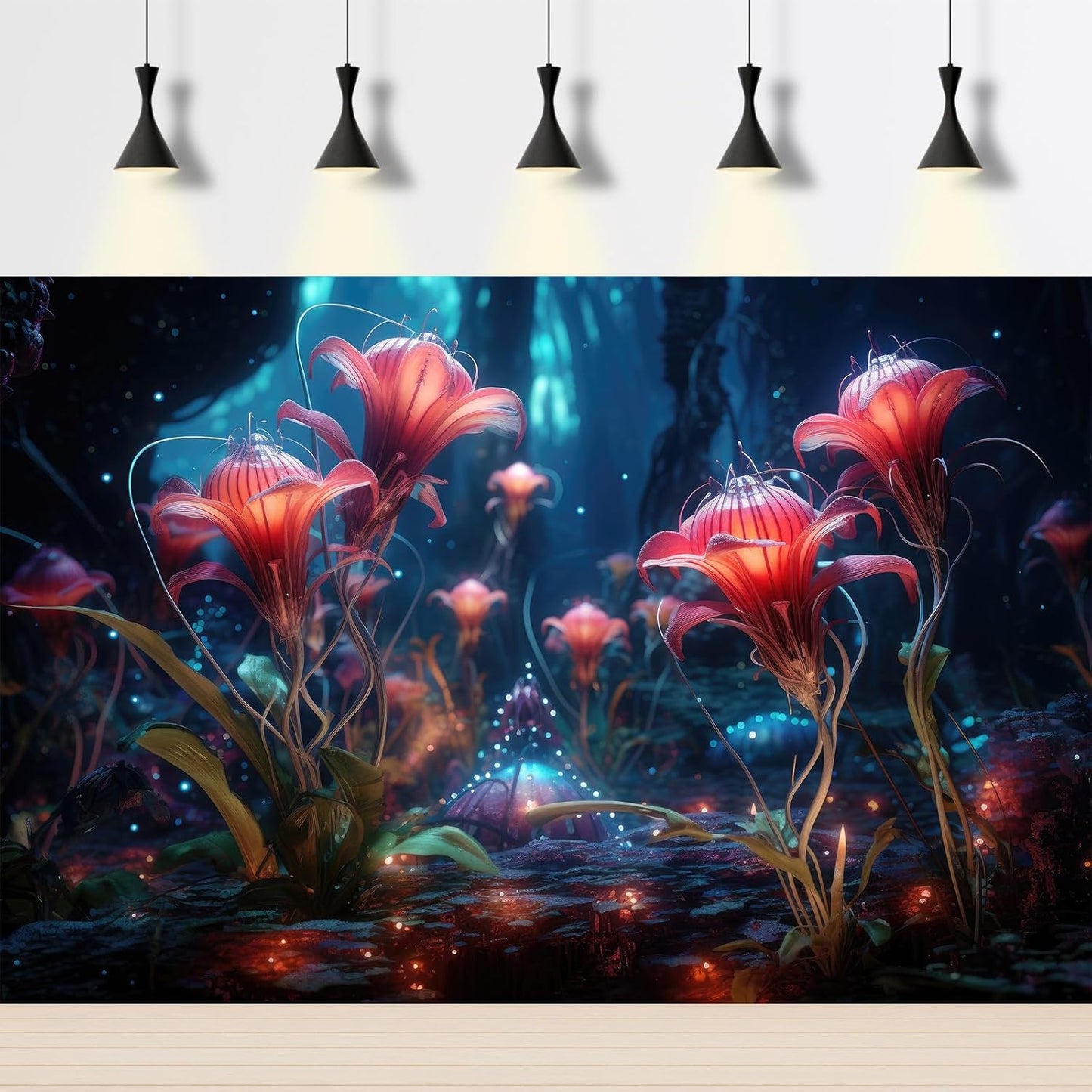 Aquarium Background Beautiful Red Translucent Flowers Terrarium Background Abstract Fantasy Plants Underwater World Tank Poster Glowing Flowers Foggy Forest Fish Tank Background Decors Vinyl 48x20in