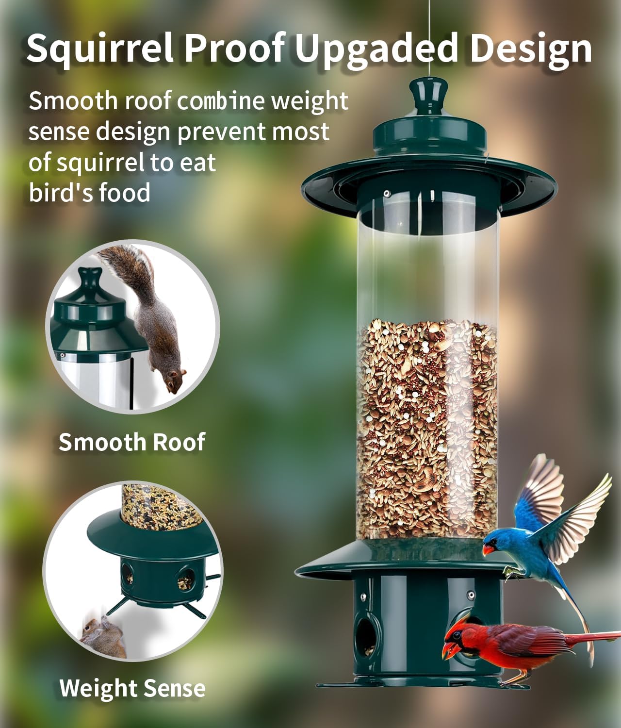 Bird Feeder for Outdoors: Squirrel Proof Bird Feeders, Gravity Sense Squirrel Proof Wild Bird Feeders for Finch Cardinal Chickadee, 4.8LB Large Capacity Hanging Birdfeeder