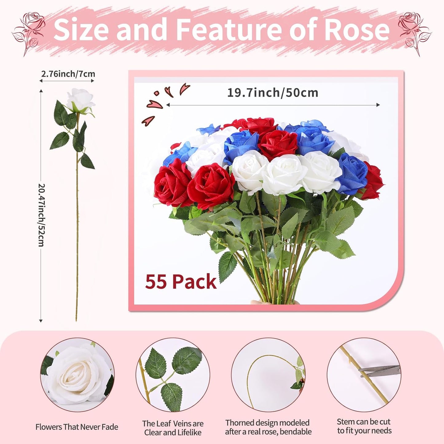 55 PCS Fake Roses Artificial Flowers Bulk, Mixed Roses Bridal Bouquet Silk Faux Rose with Stems for Wedding Flowers Decoration, Valentine's Day, Bridal Bouquet, Anniversary,Home Decor(55PCS)
