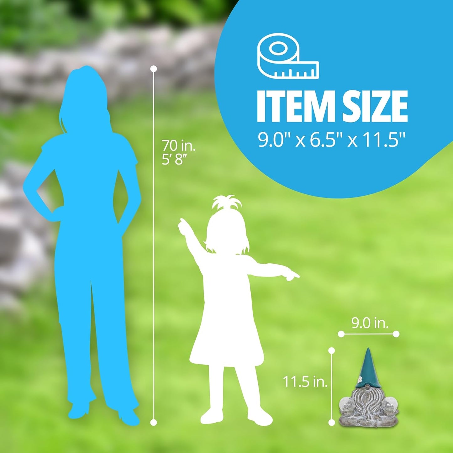 Exhart Garden Sculpture, Meditating Yoga Solar Garden Gnome Statue. LED Flower Hat with 2 Glass Crackle Balls, Outdoor Garden Decoration, 9 x 11.5 Inch