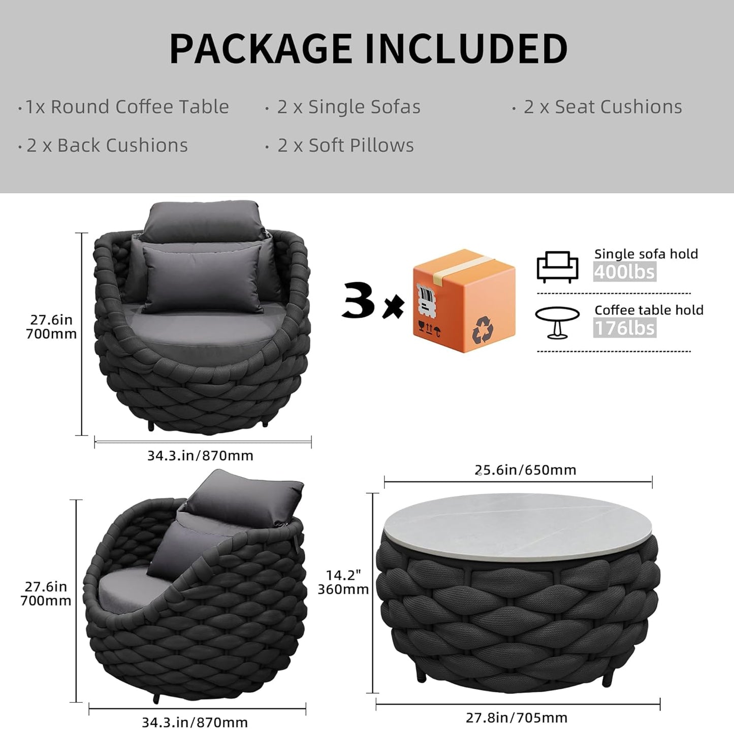 TWT 3 Pieces Aluminum Patio Furniture Set, Hand Woven Polyester Rope Modern Outdoor Set w/Washable Cushion Conversation Sofa Set Apartment Furniture for Poolside Balcony (Dark Grey)