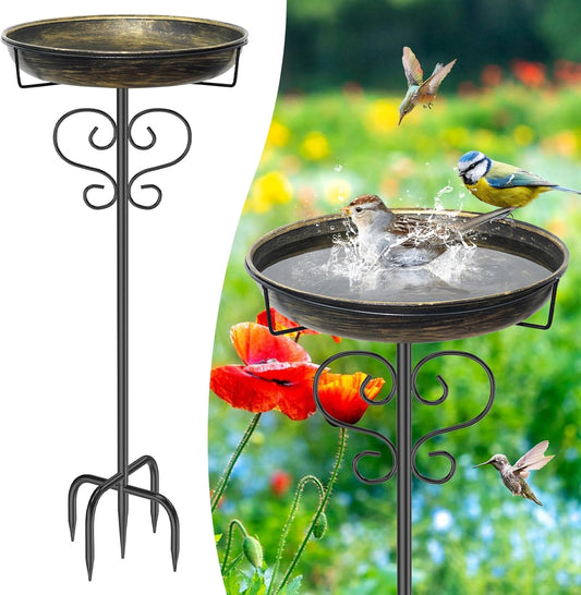 Bird Bath for Outside,Freestanding Metal Bird Bath Feeder with Heavy Duty 5 Prong Stake, Garden Birdbath Birdfeeder Bowl for Yard Lawn Patio Decor (Vintage Gold)