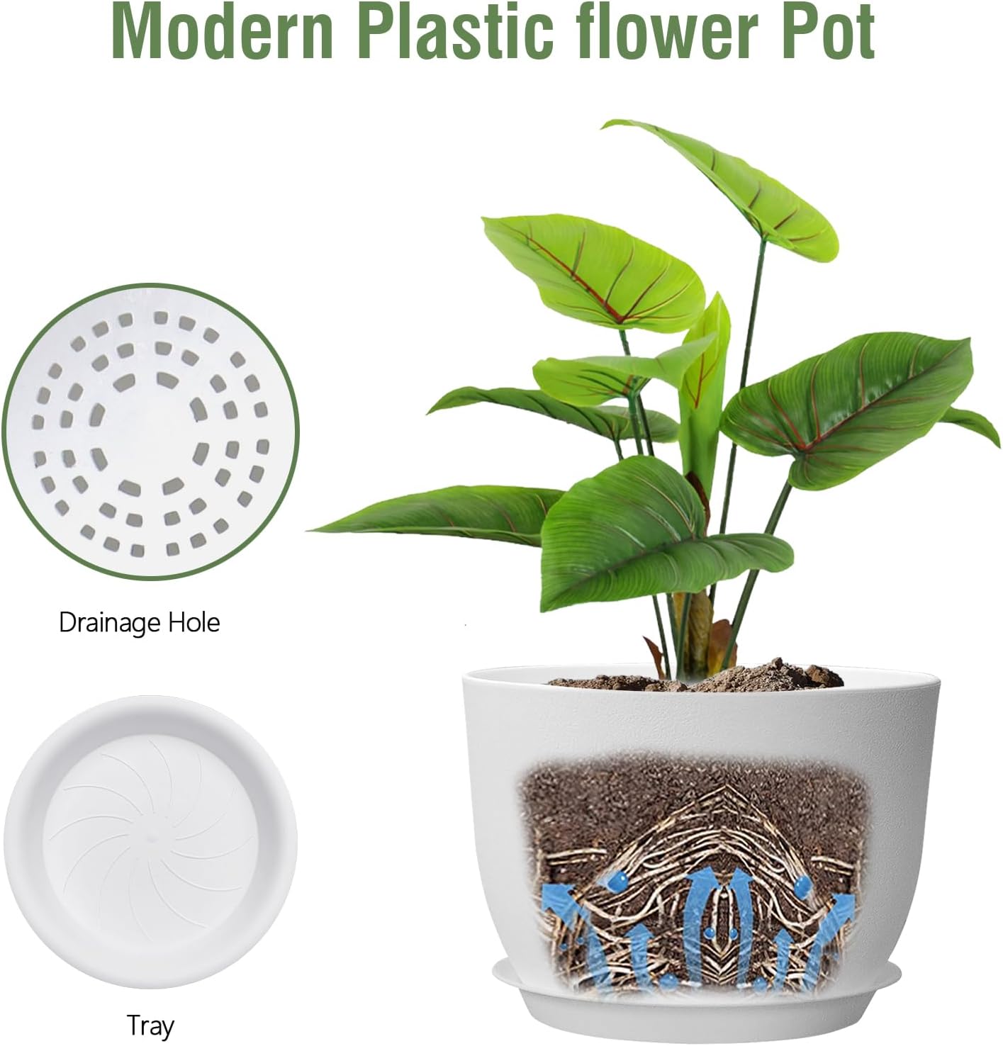 12 inch Large Plant Pots, Plastic Planters with Drainage Holes and Saucers, Flower Pots for Indoor Outdoor Plants, Modern Decorative Pots for Garden House Plants, White