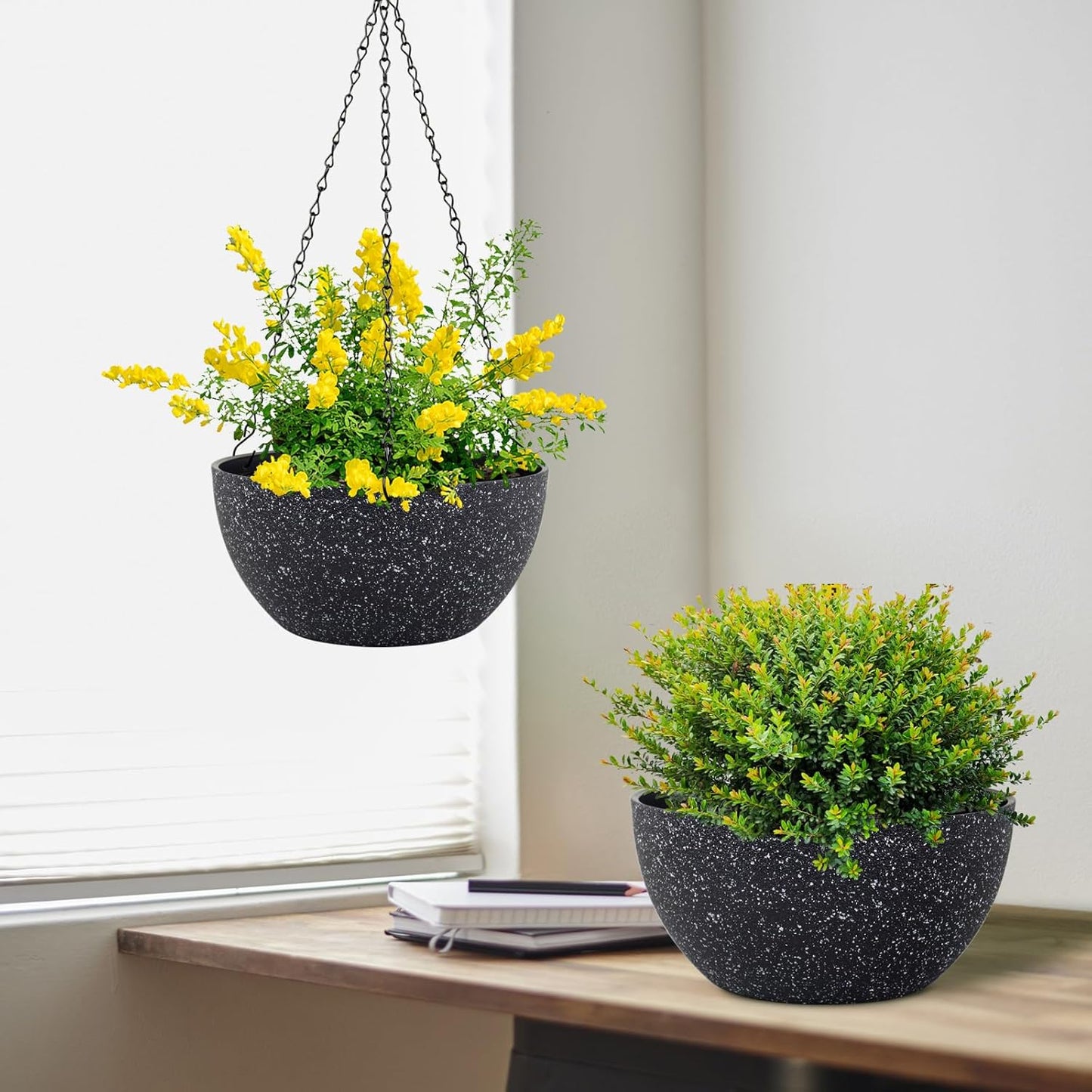 8 inch Small Hanging Planters for Indoor Outdoor Plants, 2 Pack Hanging Flower Plant Pots with Drainage Holes and Chain for Porch, Plastic Hanging Baskets for House Plants, Speckled Black
