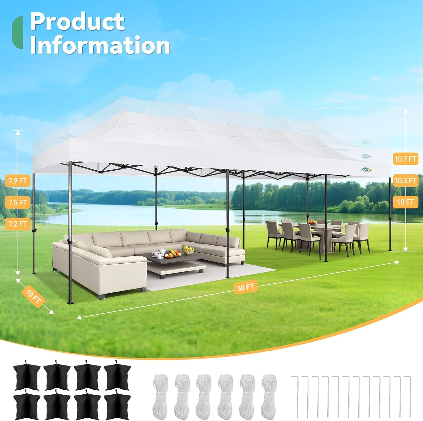 COBIZI 10x30 Pop up Canopy Heavy Duty with 8 Sidewalls, Easy Set-up Commercial Outdoor Party, 100% Waterproof Wedding Canopy Gazebo, 3 Height Adjustable with Wheeled Bag, White