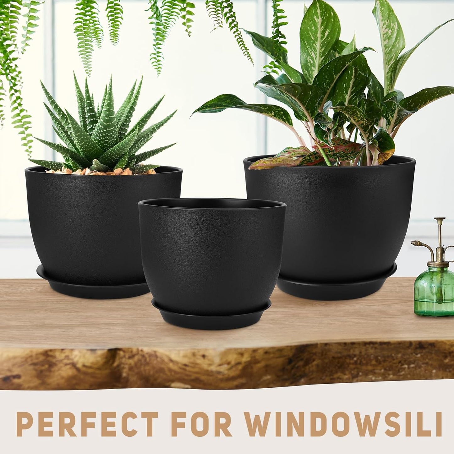 Plant Pots 12/10/9 inch Set of 3, Flower Pots with Multi Mesh Drainage Holes, Large Planters for Indoor Outdoor Garden Plants and Flowers. (Black)