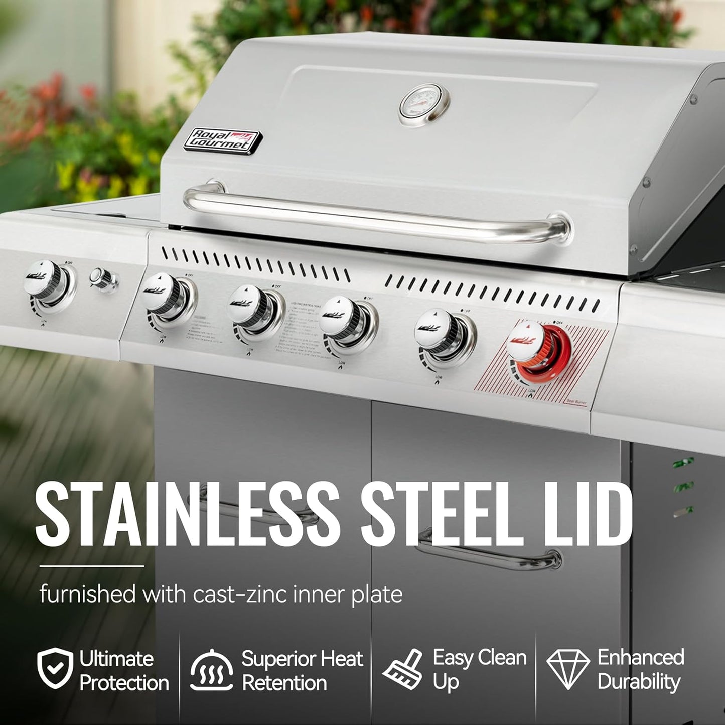 Royal Gourmet 5-Burner Propane Gas Grill with Side Burner, Stainless Steel Barbeque Grills, Silver, GA5404S