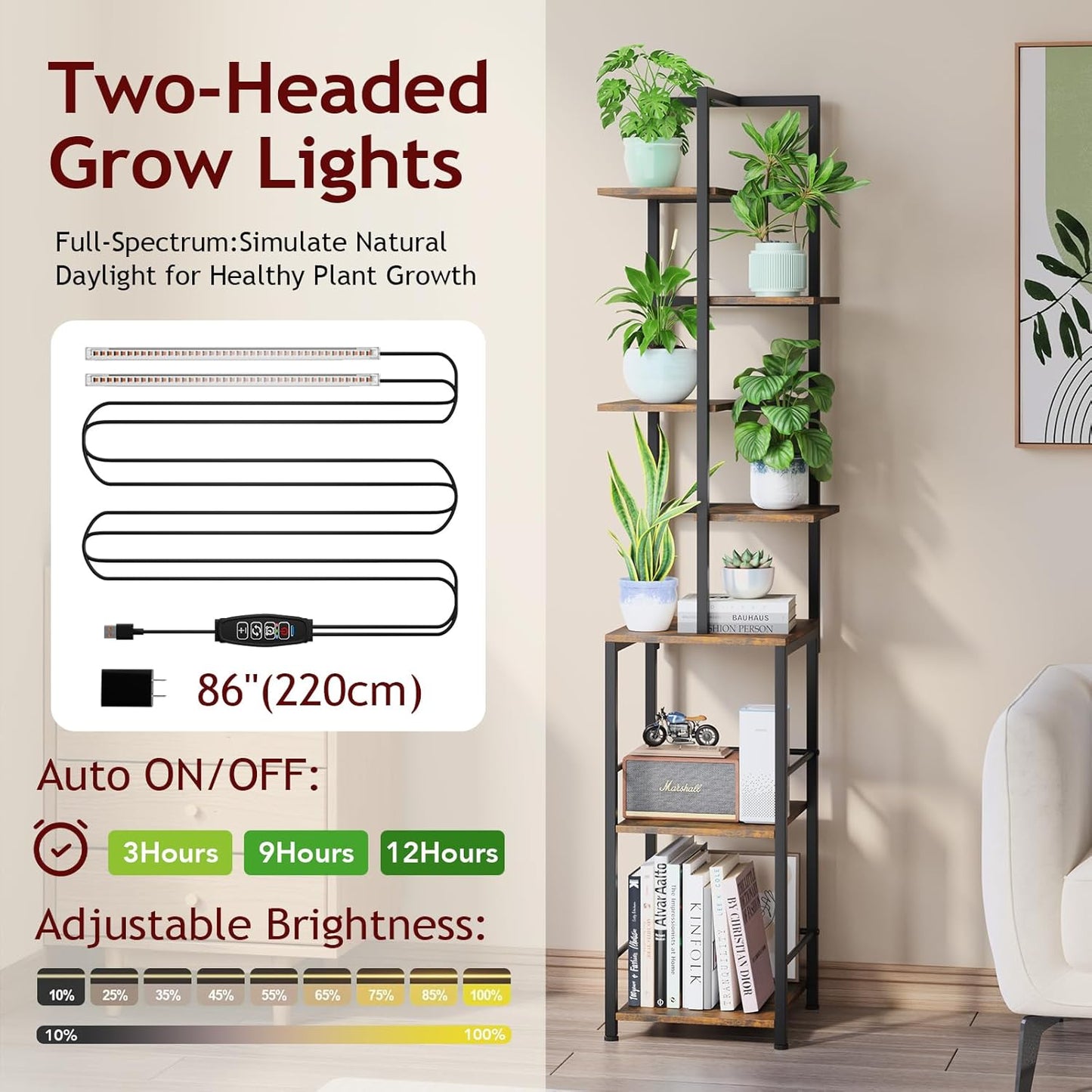 Plant Stand Indoor with Grow Light, 7-Tiered Tall Plant Stand Indoor, Metal Plant Shelf with Bookshelf Bookcase and Adjustable Light, Ideal for Living Room, Reading room, Garden, Patio (Brown)