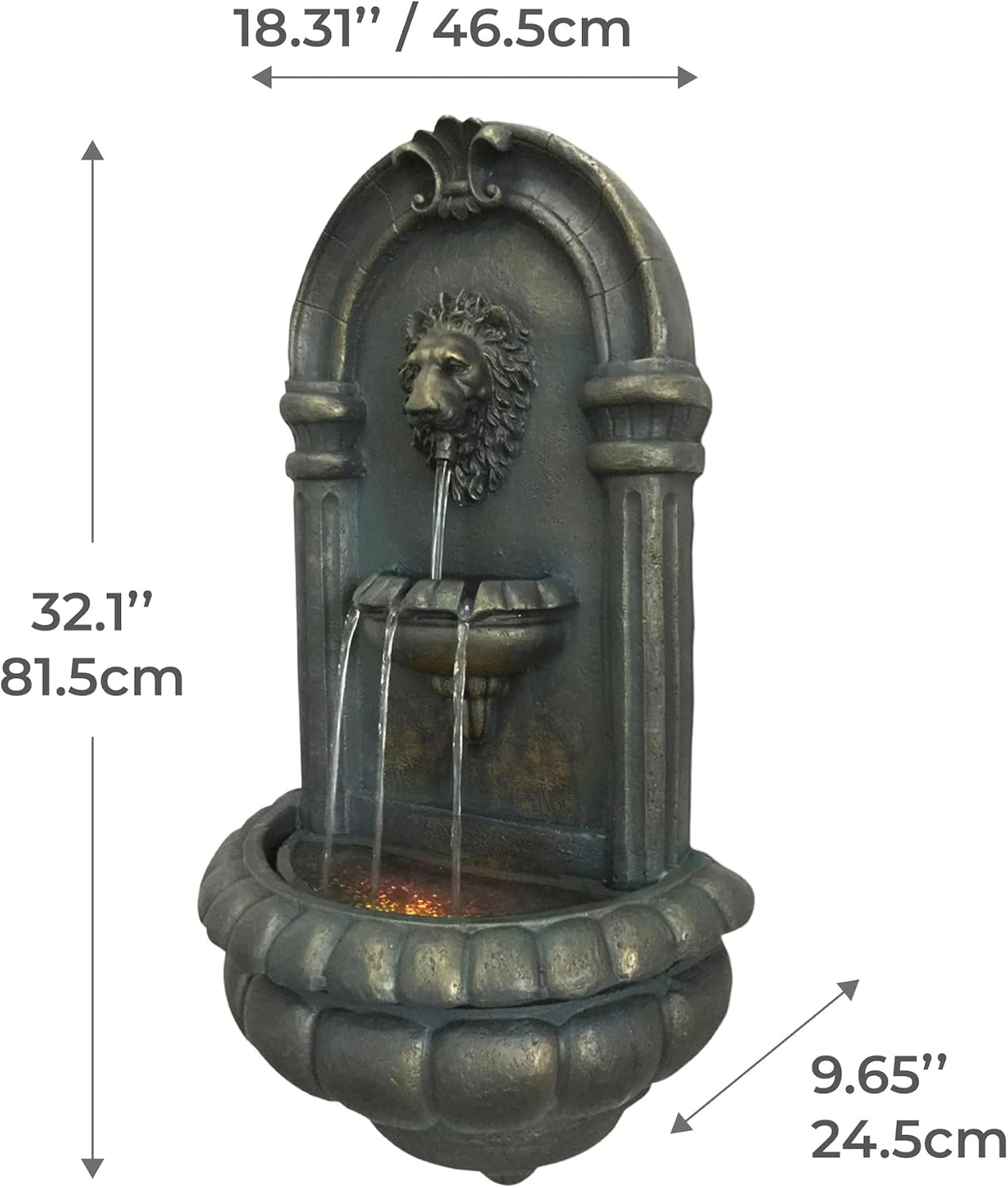 Teamson Home 32.1 in. Wall-Mounted Lion Head Stone LED Outdoor Water Fountain for Gardens, Landscaping, Patios, Balconies, Lawns to Create a Calming Oasis in Outdoor Living Spaces, Antique Bronze