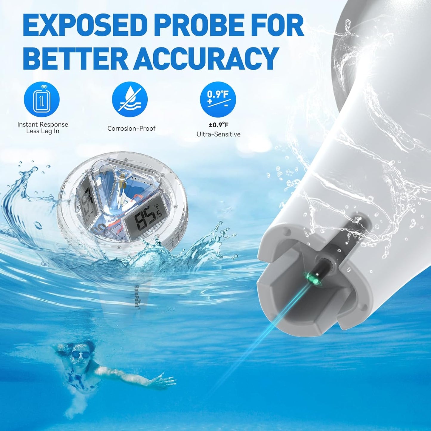 RAINPOINT Anti-Fog 360° Reading 3 Displays Wireless Digital Pool Thermometer Floating for Ice Bath,Dual-Layer IP68 Waterproofing Remote Temperature Monitor Easy Read Hot Tub SPA Inflatable Pool