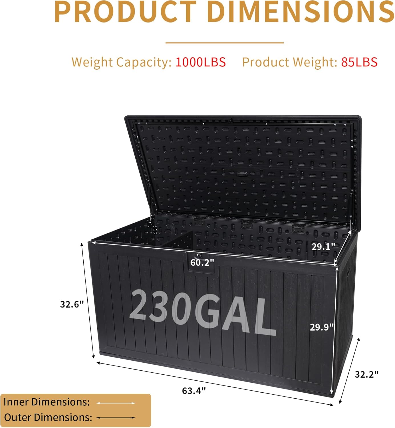 KUIKUI 288 Gallon Waterproof Deck Box, Outdoor Storage Box Waterproof Lockable with Divider and Lifter Prevent Water Seeping into from Floor for Patio Cushions