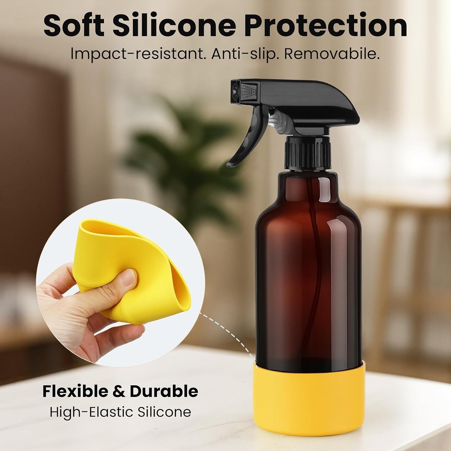 Glass Spray Bottles with Silicone Sleeve 16.9oz 2 Pack Empty Spray Bottle for Hair Mist/Stream Spraying for Cleaning Solutions, Plants, Essential Oils (Brown-green&yellow)