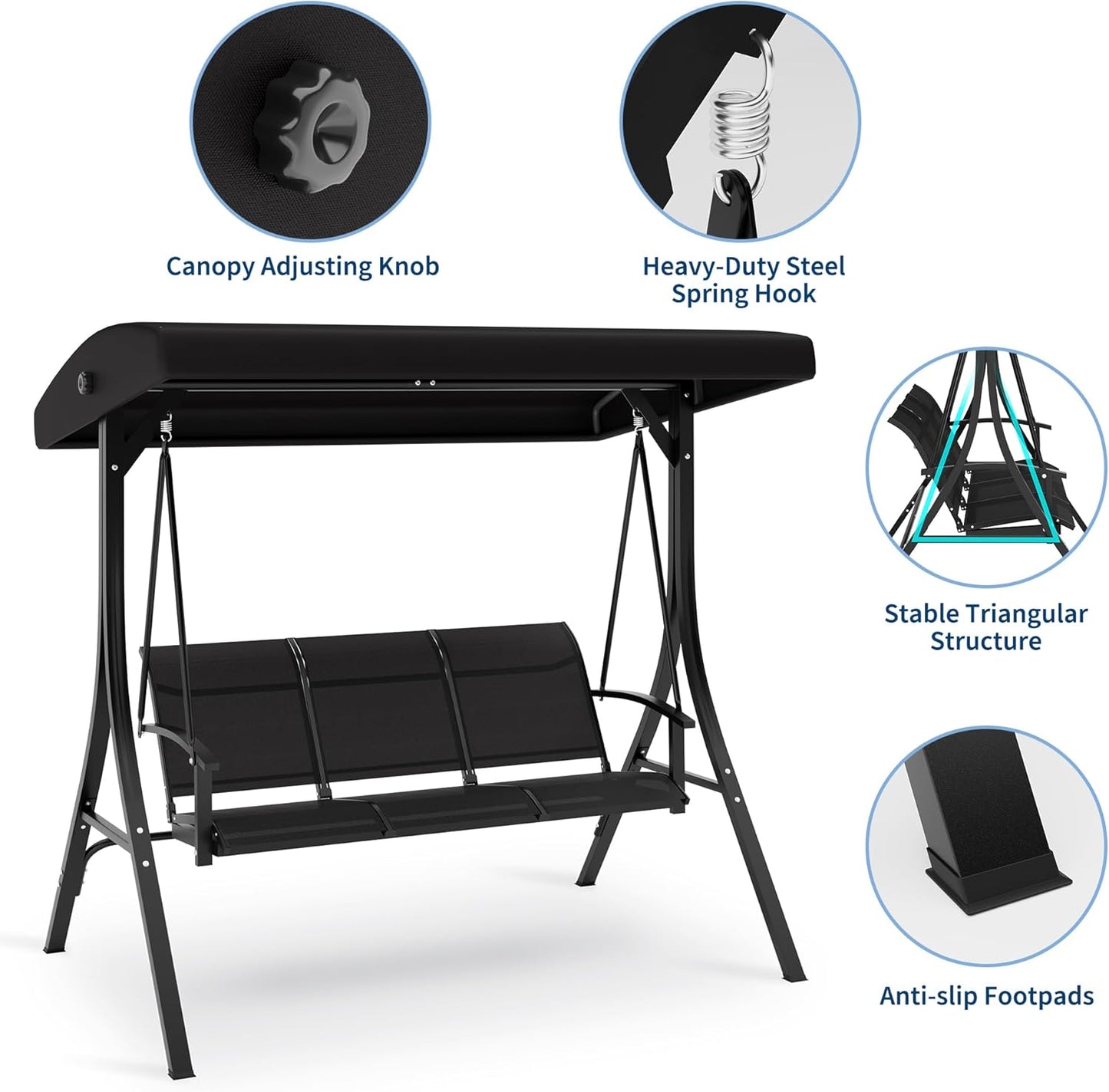 3-Seat Outdoor Patio Swing Chair, Porch Hanging Chairs with Adjustable Canopy, Armrests and Breathable Textilene Fabric, Hanging Swing Bench for Garden, Poolside, Backyard – Black