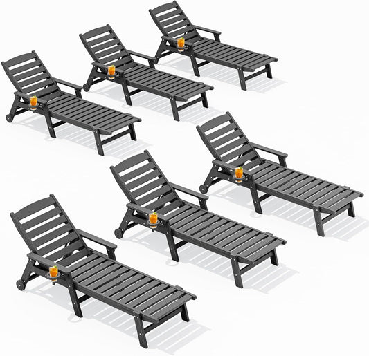 SERWALL Patio Chaise Lounge Chair Set of 6, 5 Positions Adjustable Poly Outdoor Lounge Chair for Pool, HDPE Lounge Chair with Rolling Wheels & Cup Holder for Poolside, Deck, Slate Gray