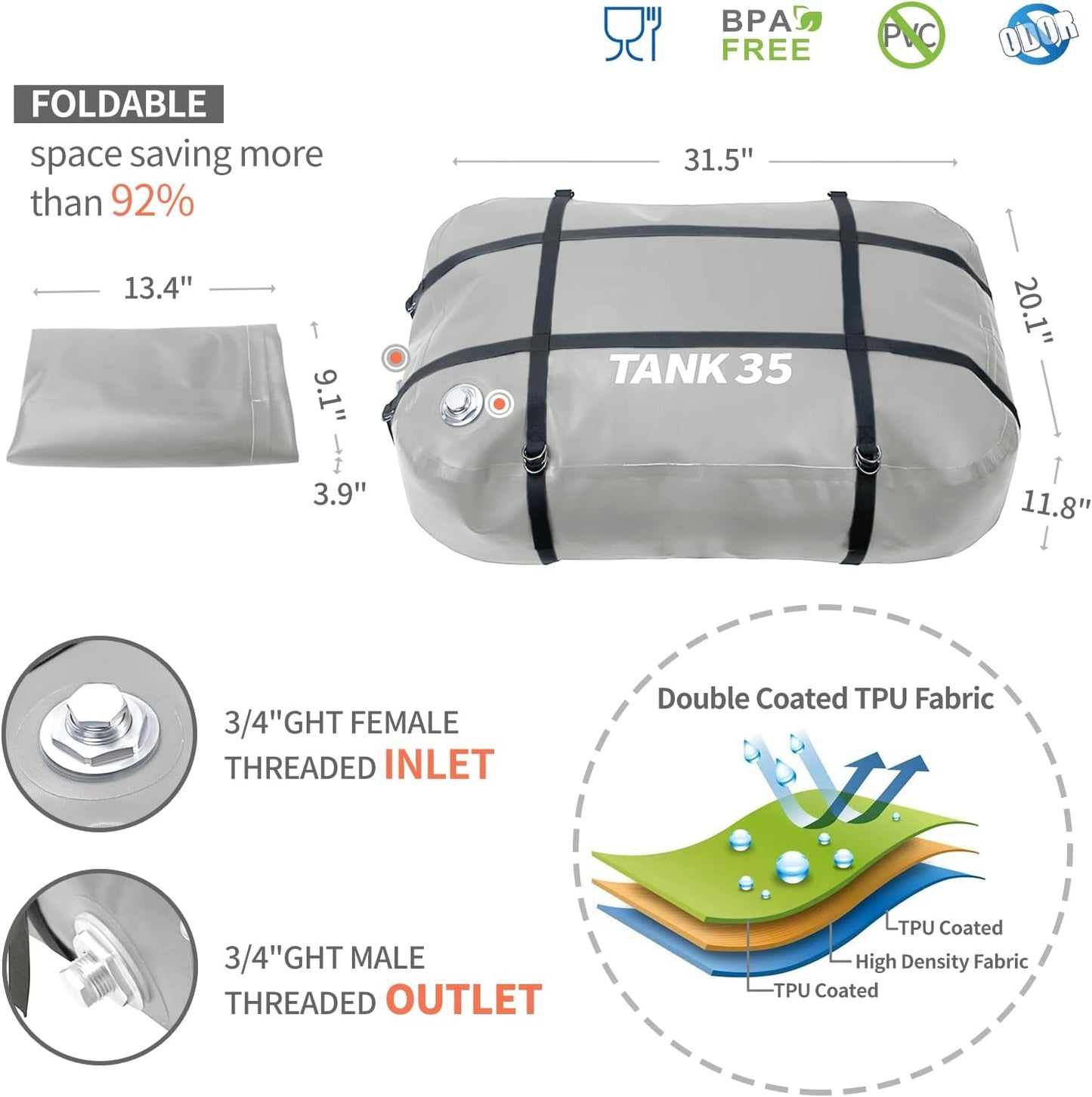 TPU Water Storage Bladder, 35 Gallon Portable RV Fresh Water Tank, Food Grade BPA Free Collapsible Flexible Container for Drinking, Camping, Irrigation & Emergency-Hurricane, Drought, Fire (3/4” GHT)