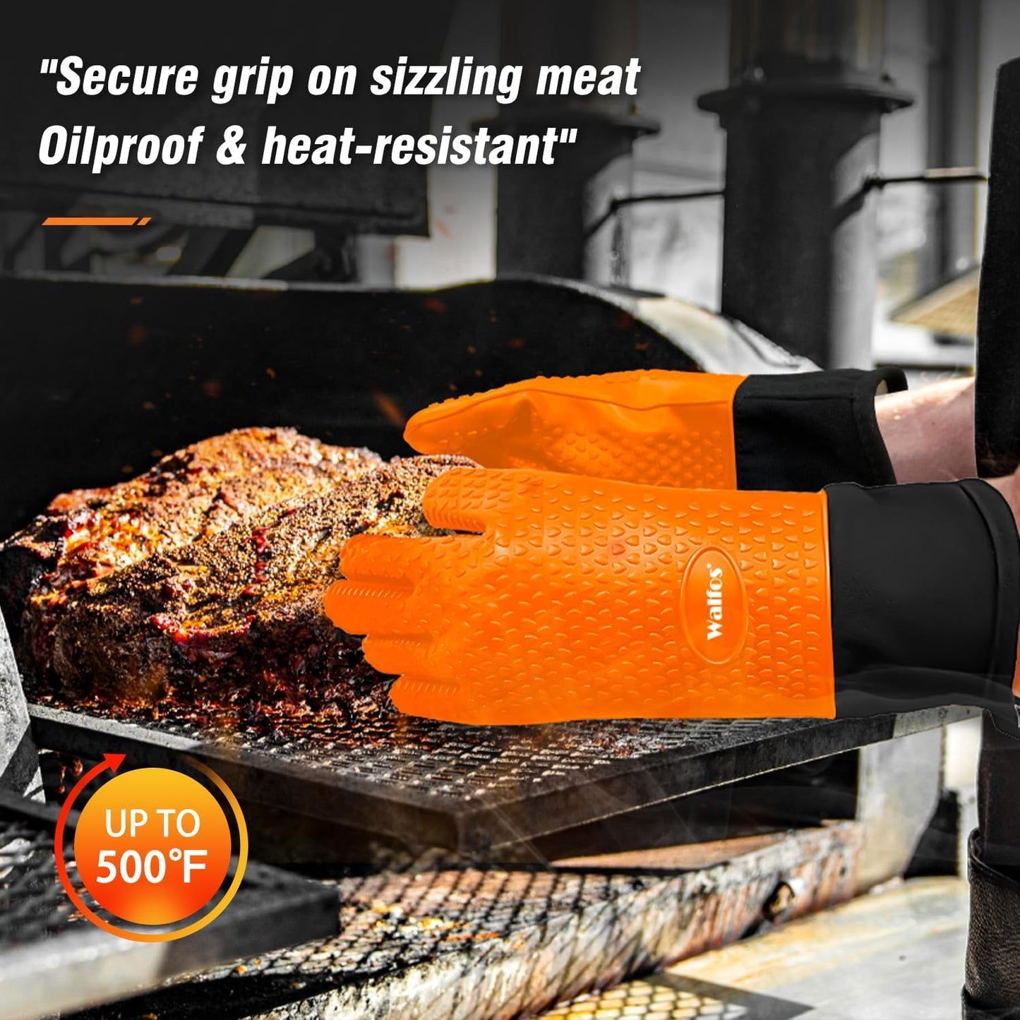Walfos Silicone BBQ Gloves - Heat Resistant Grilling Gloves Set with Pork Shredder Claws & Brush, Non-Slip Kitchen Silicone Oven Mitt with Protective Cotton Layer, Suit for Indoor & Outdoor, Orange