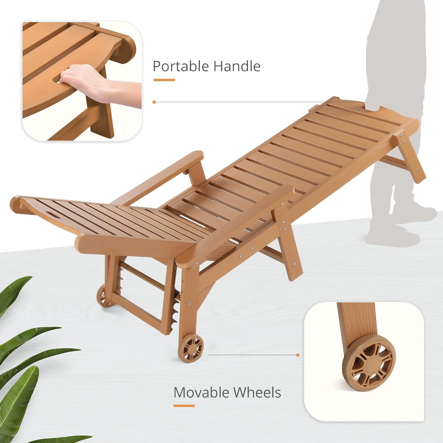 LUE BONA Outdoor Chaise Lounge Chairs Set of 2, HDPS Chaise Lounger, 5 Positions Adjustable Lounge Chairs, Pool Lounge Chair with Wheels for Poolside, Hotel, Restaurant, 3 Year Warranty, Teak Color