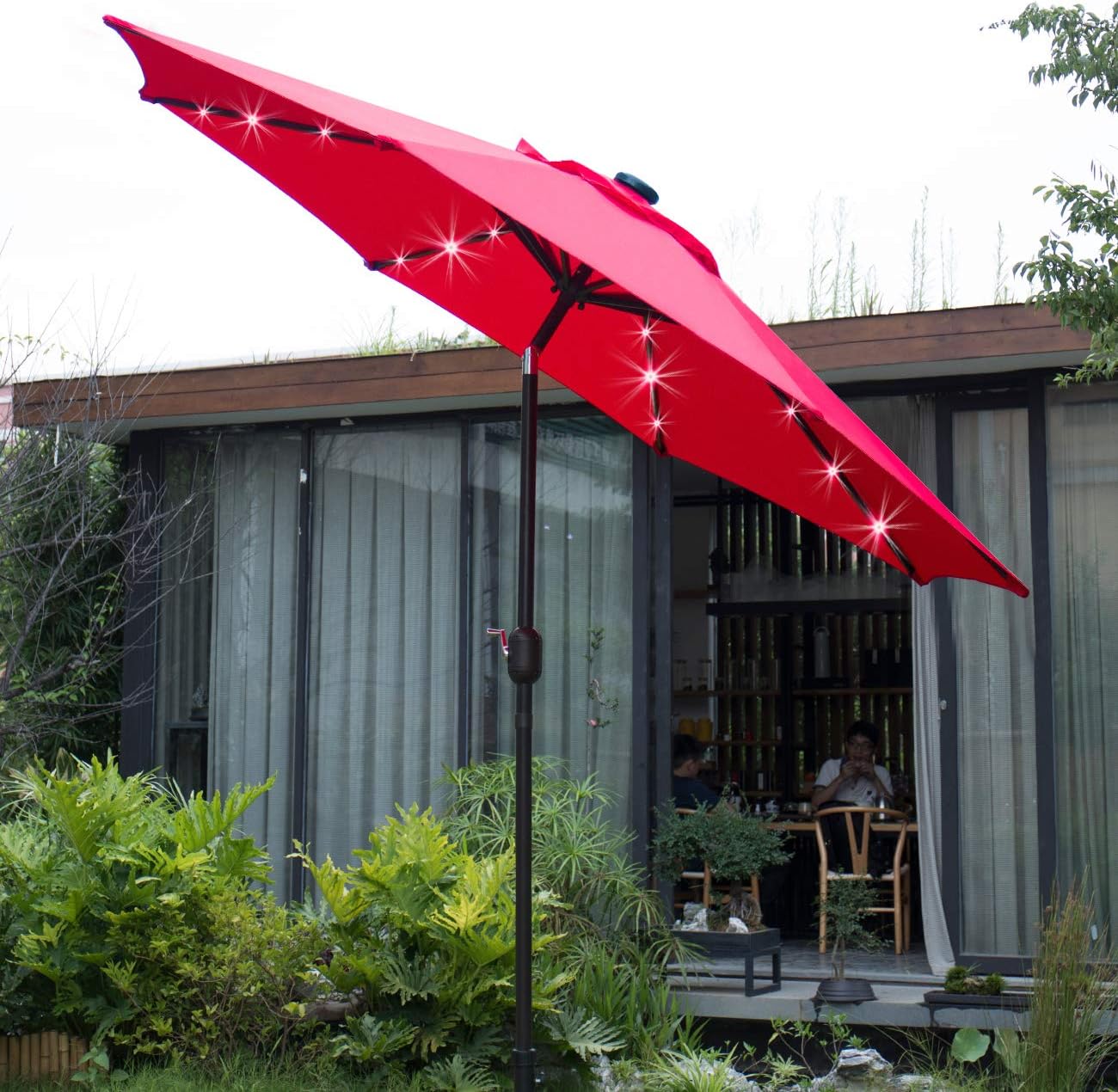 Sunnyglade 9' Solar LED Lighted Patio Umbrella with 8 Ribs/Tilt Adjustment and Crank Lift System (Red)