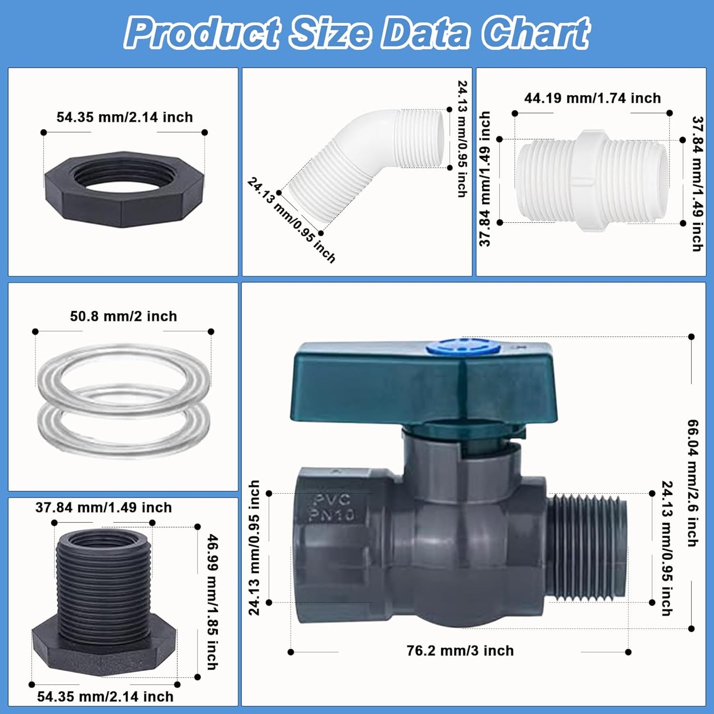 2 Pack PVC Rain Barrel 45°Elbow Spigot Kit, 3/4 Inch Rain Barrel Valve with Bulkhead Connector and Hose Adapter, Garden Faucet Kit for Water Tanks, Aquariums, Pools, Garden Barrels
