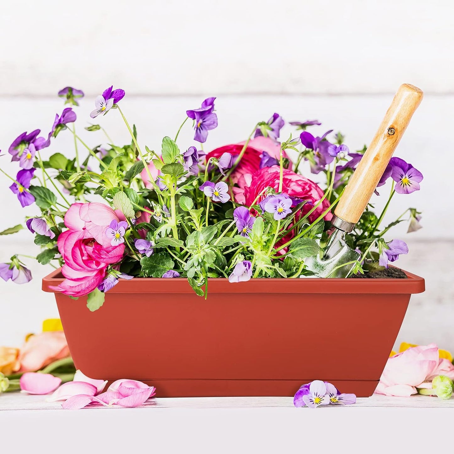 Window Box Planter, 7 Pack Plastic Vegetable Flower Planters Boxes 17 Inches Rectangular Flower Pots with Saucers for Indoor Outdoor Garden, Patio, Home Decor (Red)