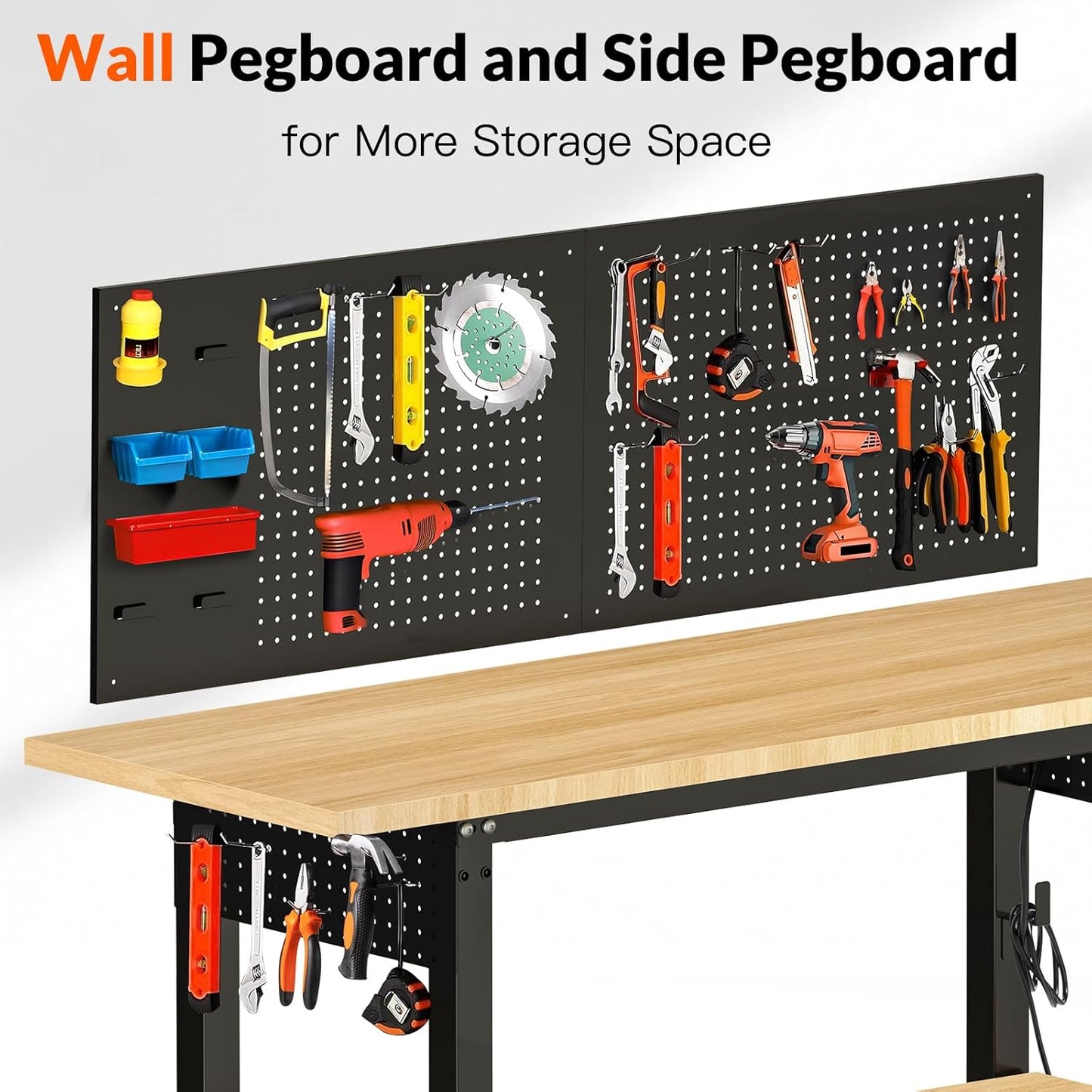 Adjustable Height Workbench, Heavy Duty Table Rubber Wood Workstation with Power Outlet & Pegboard for Garage, Office, Workshop, Home,Commercial (60"×22"|Shelf)
