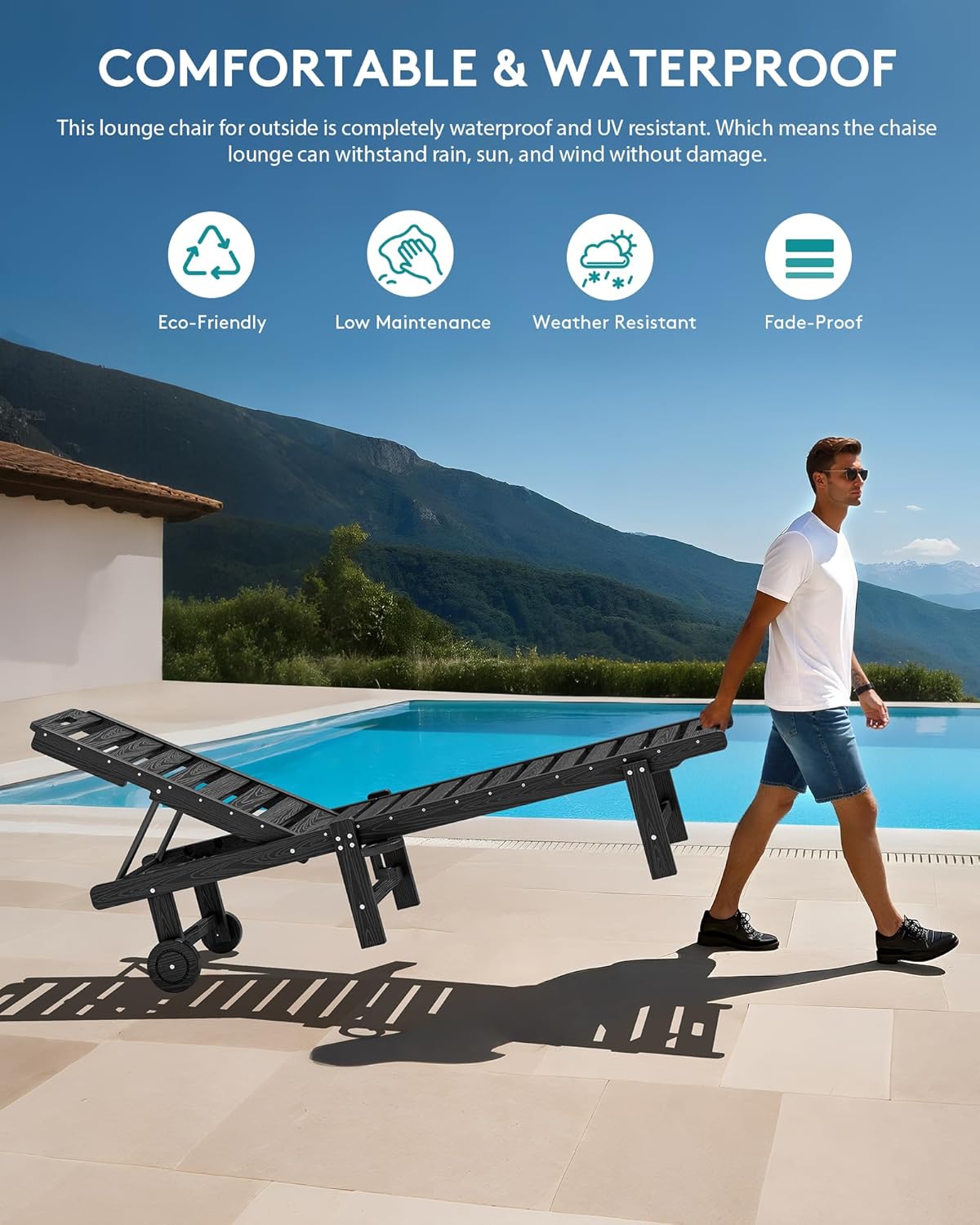 SERWALL Patio Lounge Chair Set of 2, HDPE Outdoor Lounger with Cup Holder, 5 Positions Adjustable Pool Lounger with Rolling Wheels for Poolside, Black