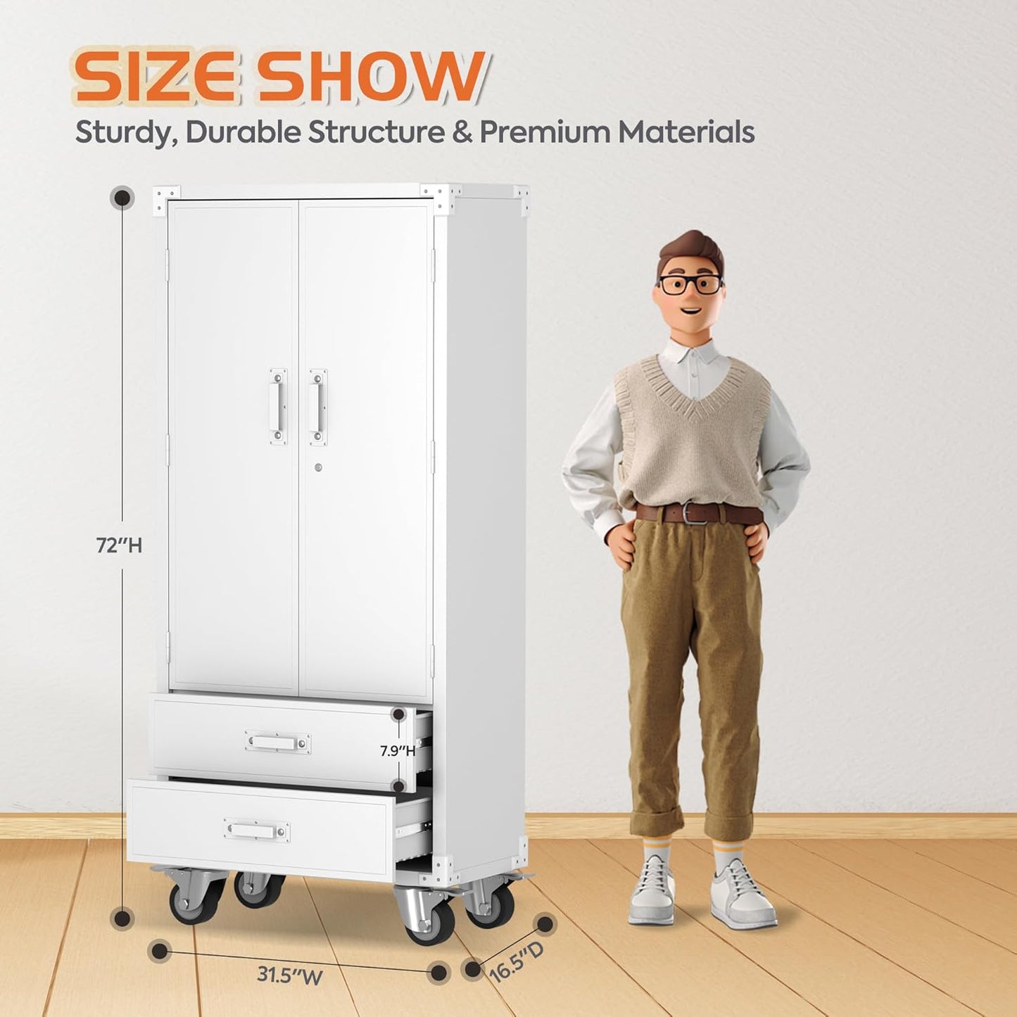 Metal Storage Cabinet with 2 Drawers, Garage Tool Cabinet on Wheels for Home Office,Assembly Required,White