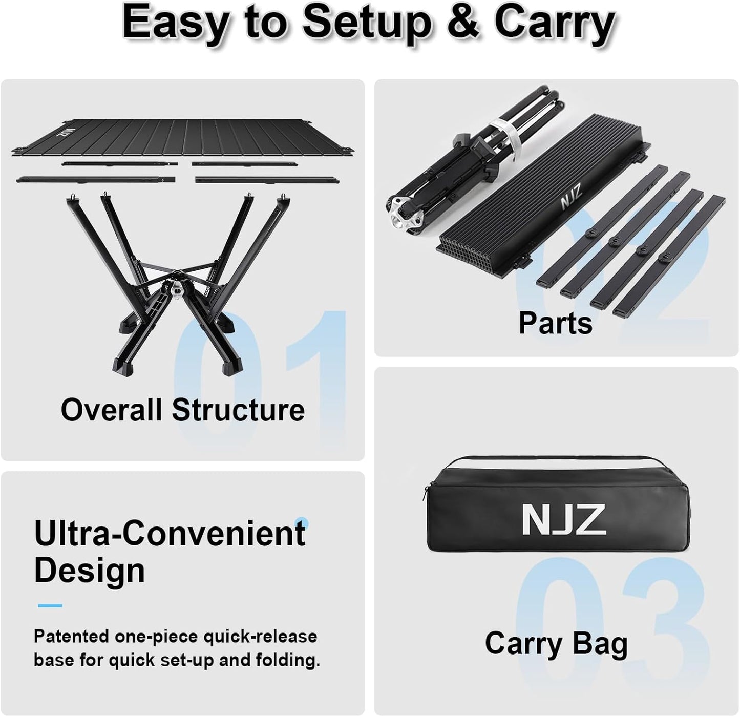 Folding Outdoor Camping Table, Aluminum Roll-Up Top and Carry Bag, 380 LBS Capacity, Lightweight Portable Tables for Picnic, BBQ and Tailgating.(Black)