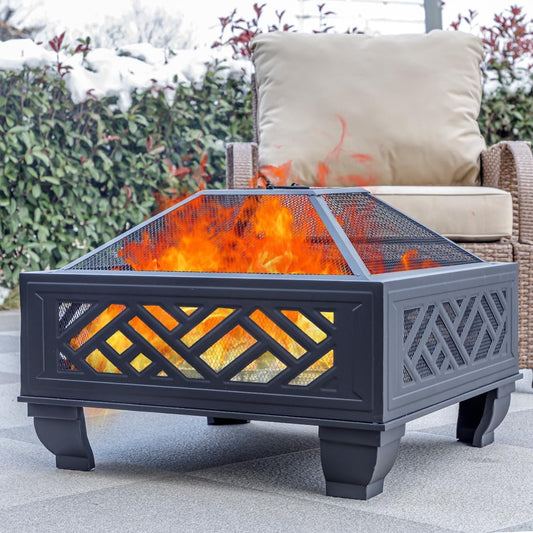 Breezz 26 Inch Wood Burning Fire Pit with Cooking Grill and Spark Screen, Outdoor Metal Firepit for Patio, Backyard, Bonfire Party, Camping and Garden