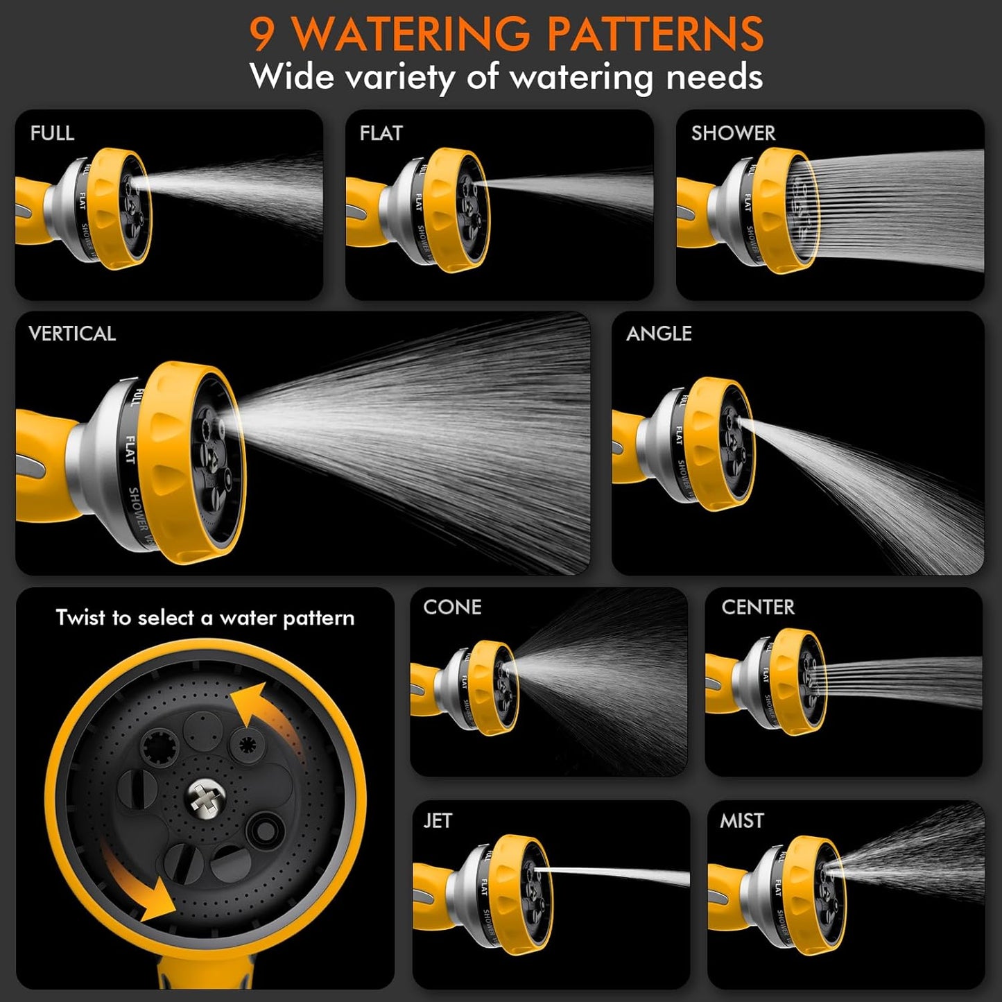 RESTMO Hose Nozzle Heavy Duty, Metal Water Hose Sprayer for Garden, 9 Spray Patterns | High Pressure | Thumb Flow Control | On/Off Valve, Ideal for Lawn & Plant Watering, Car & Pet Washing, Yellow