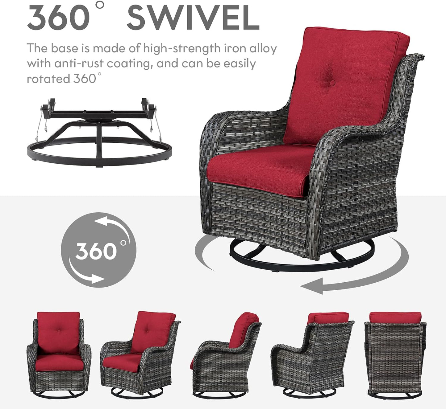 5 Pieces Patio Furniture Sets Wicker Outdoor Furniture, Rattan Patio Swivel Glider Chairs with 2 Ottoman and Glass Side Table