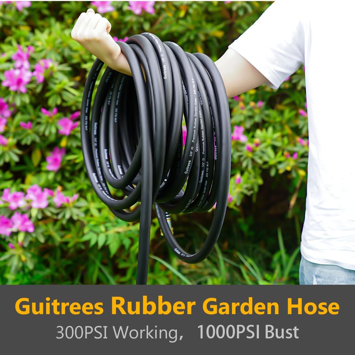 Garden Hose 100FT x 3/4”, Heavy Duty Rubber Hose, Water Hose with Five-Layered Braiding, Male Female Fittings, 1000PSI Burst, 200PSI Working (Black)
