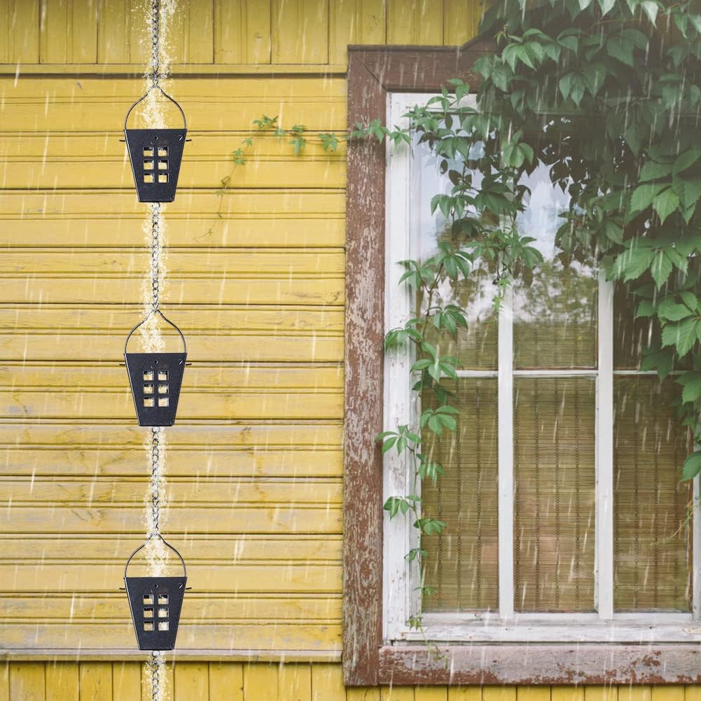 Square Rain Chain, 10 Ft Black Rain Gutter Chains with 12 Cups, Adjustable Rain Catcher Chain with Bell for Eaves Drainage, Outdoor Replacement Downspout for Gutters