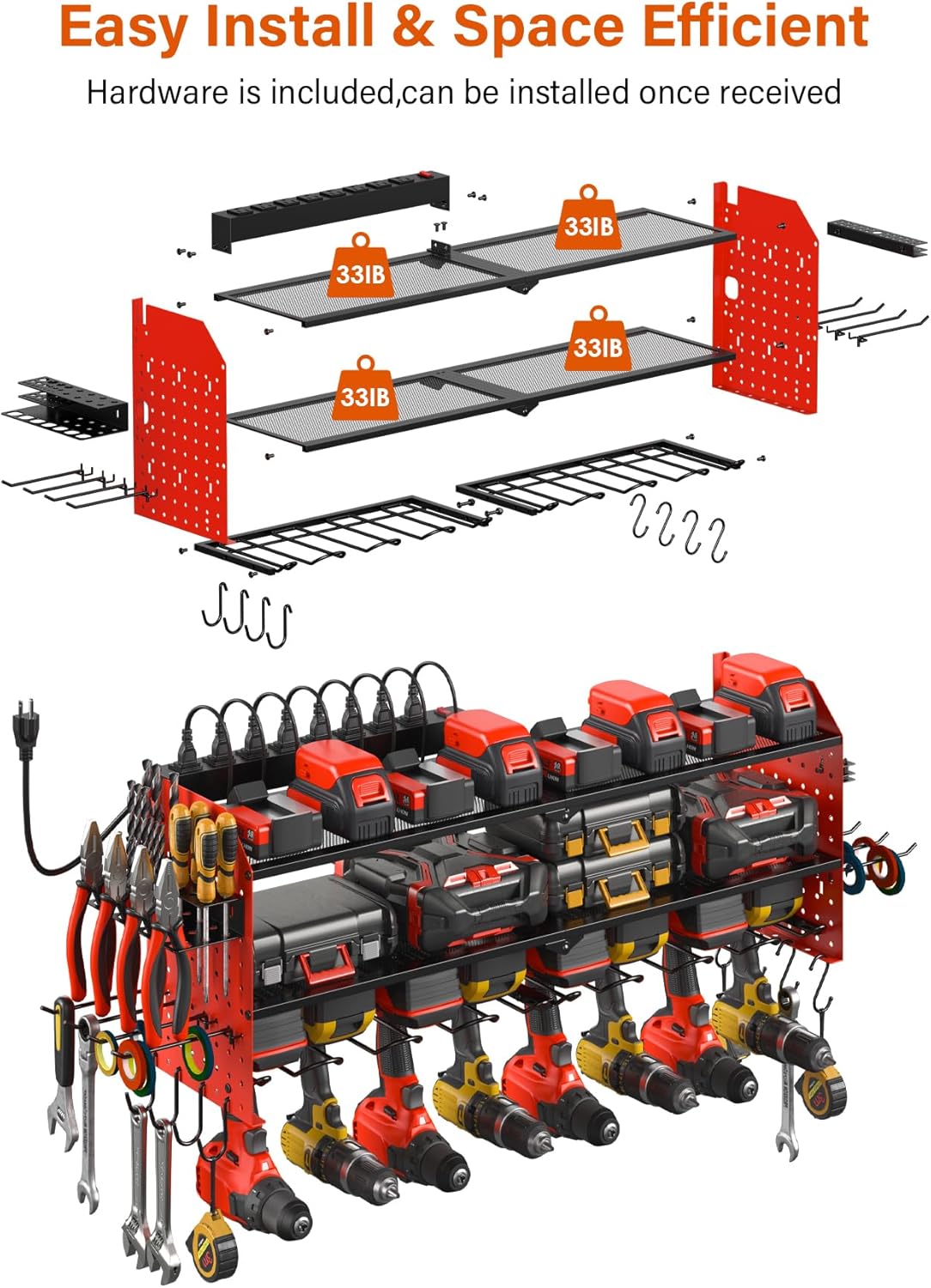 JUNNUJ Large Pegboard Power Tool Organizer with Charging Station, 8 Drills Driver and Tools Battery Holder Wall Mount with 8 Outlet Power Strip, Red 3-Layer Shop Garage Storage Utility Rack